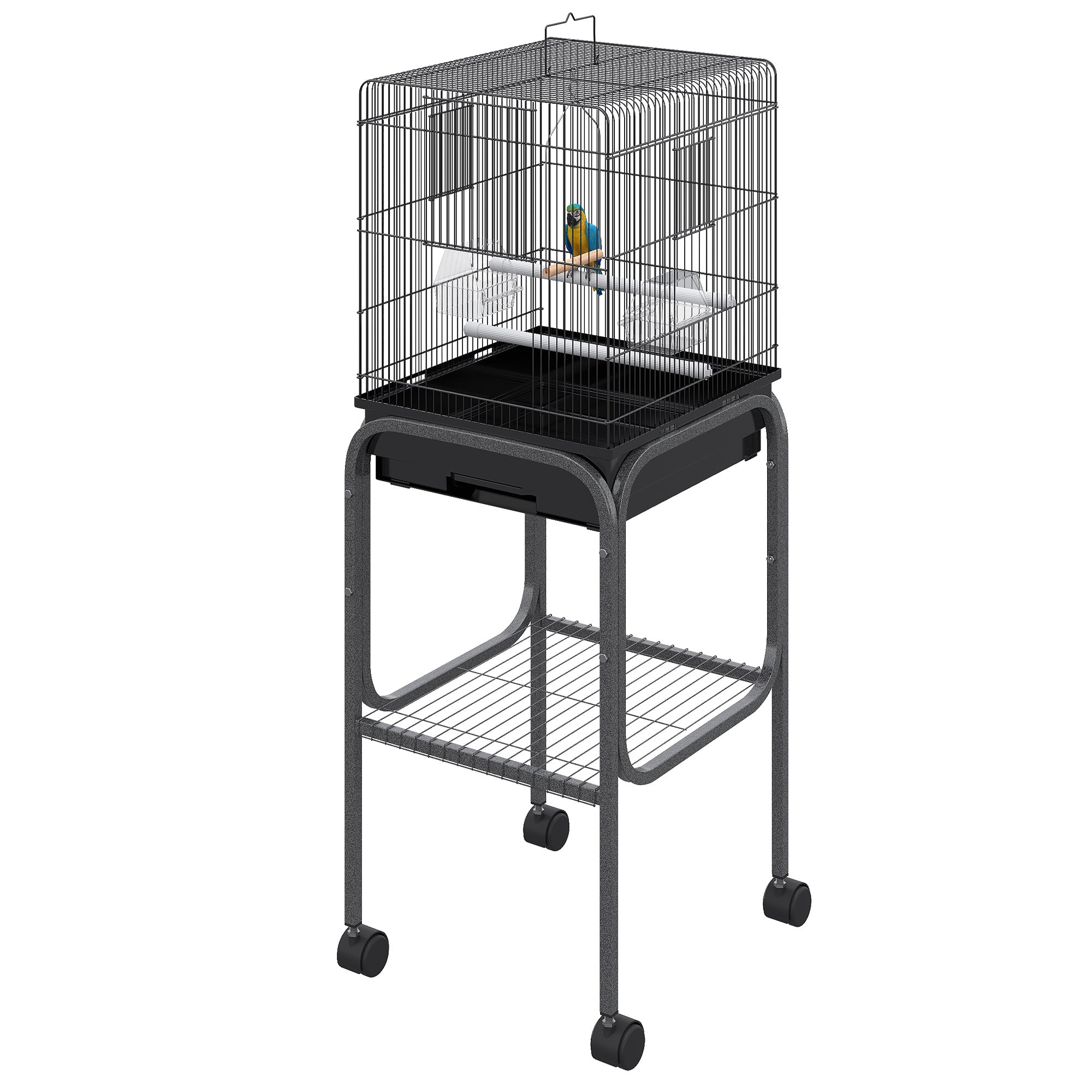 45-inch Metal Indoor Bird Cage, Parrot Cage, Bird Aviary with Detachable Rolling Stand, Storage Basket, and Accessories - Black
