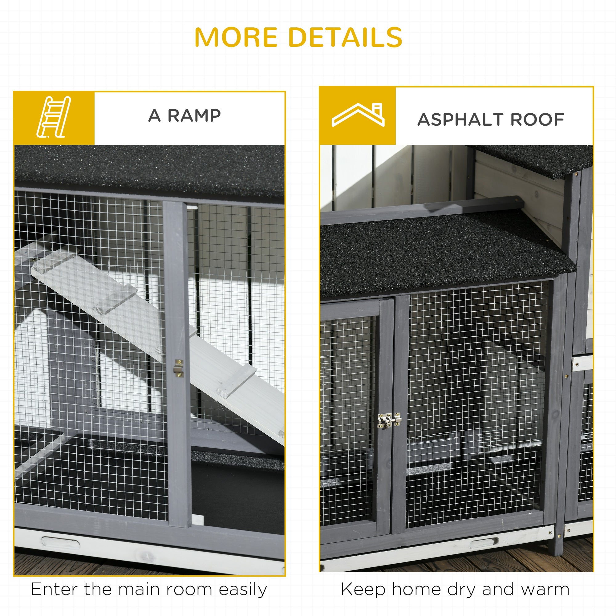 PawHut 90.5" Wooden Rabbit Hutch Bunny Cage Pet Playpen House Enclosure with Double Side Run Boxes, No Leak Tray, Ramp, for Guinea Pig and Small Animals, Light Gray