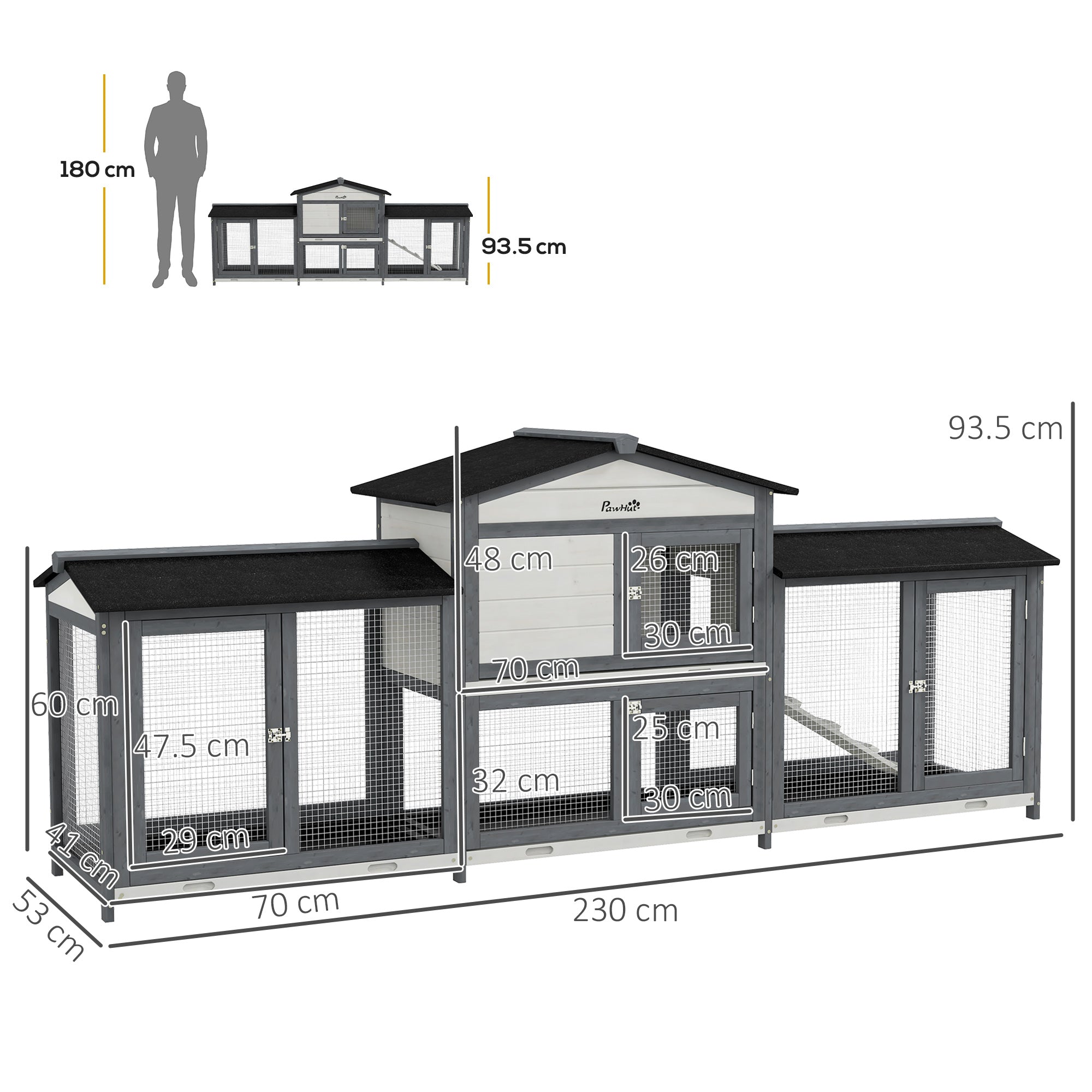 Large Rabbit Hutch Outdoor, 2-Tier Guinea Pig Hutch, Wooden Bunny Run, Small Animal House with Double Side Run Boxes, No-leak Plastic Tray, Ramp, 230 x 53 x 93.5cm, Light Grey