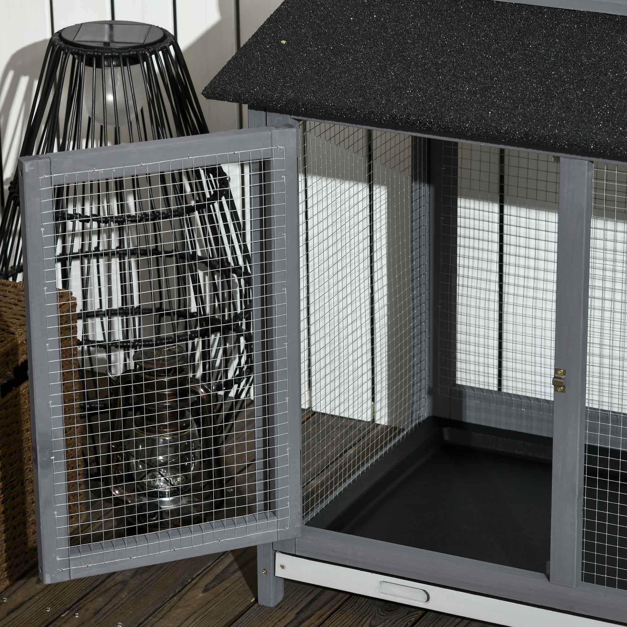 PawHut 90.5" Wooden Rabbit Hutch Bunny Cage Pet Playpen House Enclosure with Double Side Run Boxes, No Leak Tray, Ramp, for Guinea Pig and Small Animals, Light Gray