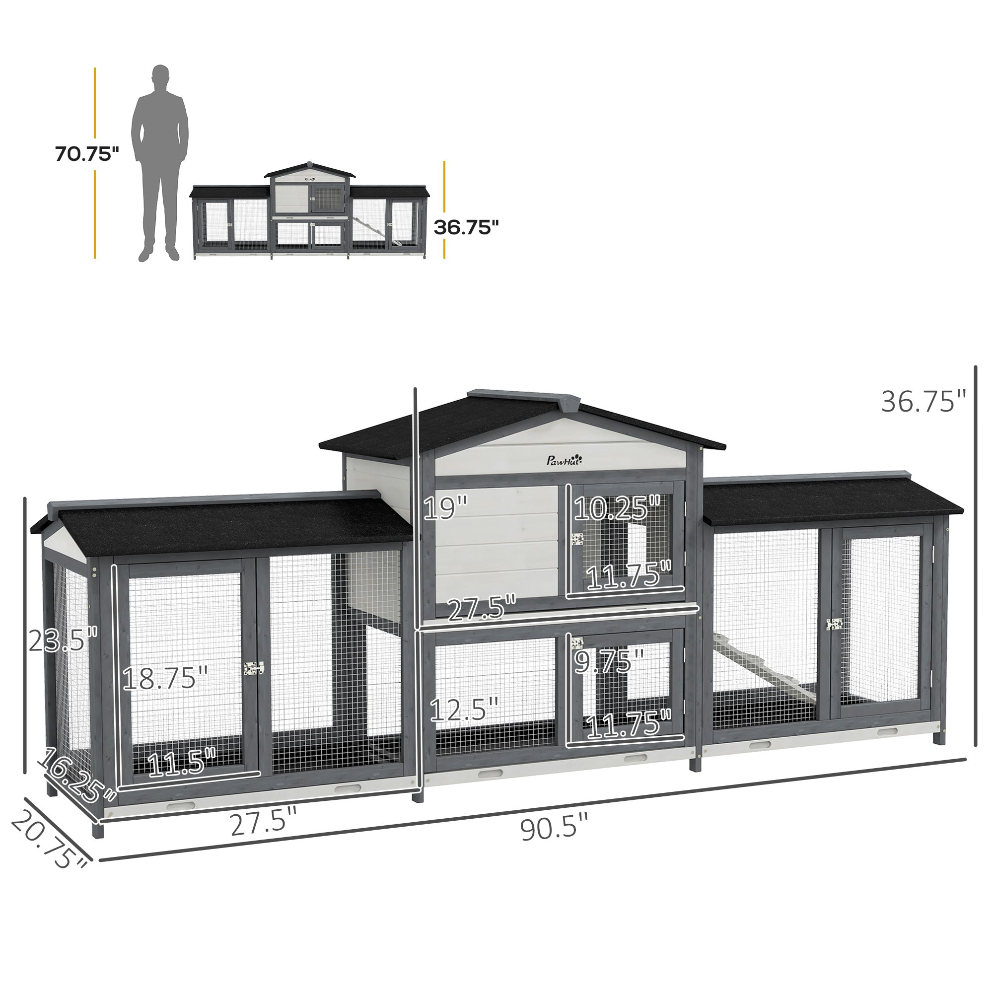 PawHut 90.5" Wooden Rabbit Hutch Bunny Cage Pet Playpen House Enclosure with Double Side Run Boxes, No Leak Tray, Ramp, for Guinea Pig and Small Animals, Light Gray