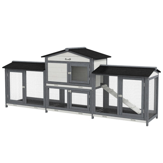 Large Rabbit Hutch Outdoor, 2-Tier Guinea Pig Hutch, Wooden Bunny Run, Small Animal House with Double Side Run Boxes, No-leak Plastic Tray, Ramp, 230 x 53 x 93.5cm, Light Grey