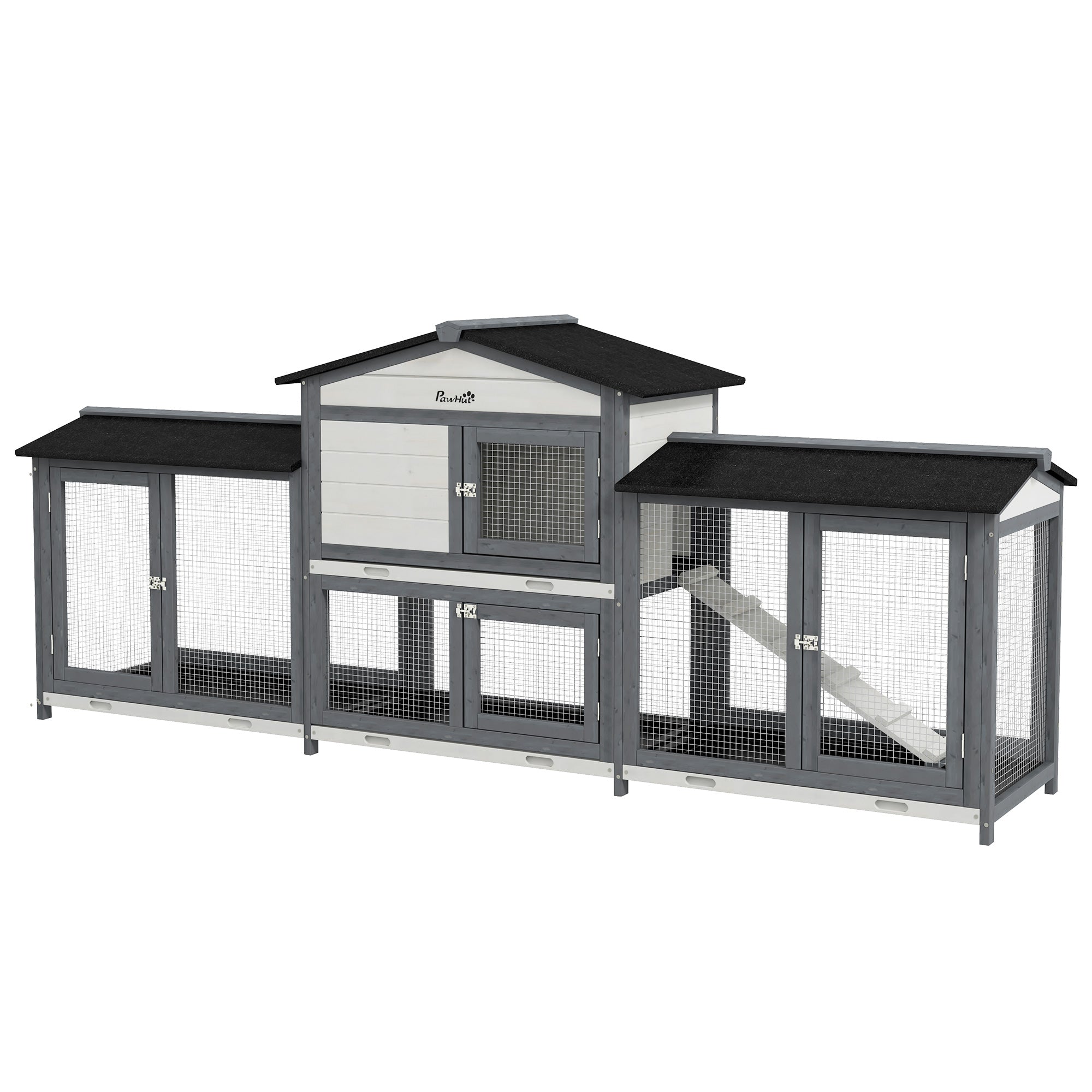 Large Rabbit Hutch Outdoor, 2-Tier Guinea Pig Hutch, Wooden Bunny Run, Small Animal House with Double Side Run Boxes, No-leak Plastic Tray, Ramp, 230 x 53 x 93.5cm, Light Grey
