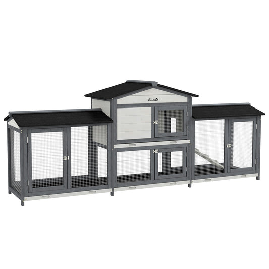 Large Rabbit Hutch Outdoor, 2-Tier Guinea Pig Hutch, Wooden Bunny Run, Small Animal House with Double Side Run Boxes, No-leak Plastic Tray, Ramp, 230 x 53 x 93.5cm, Light Grey