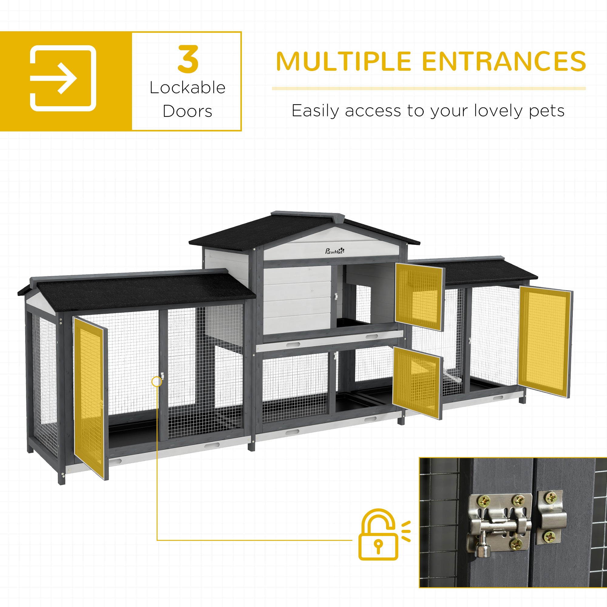 PawHut 90.5" Wooden Rabbit Hutch Bunny Cage Pet Playpen House Enclosure with Double Side Run Boxes, No Leak Tray, Ramp, for Guinea Pig and Small Animals, Light Gray