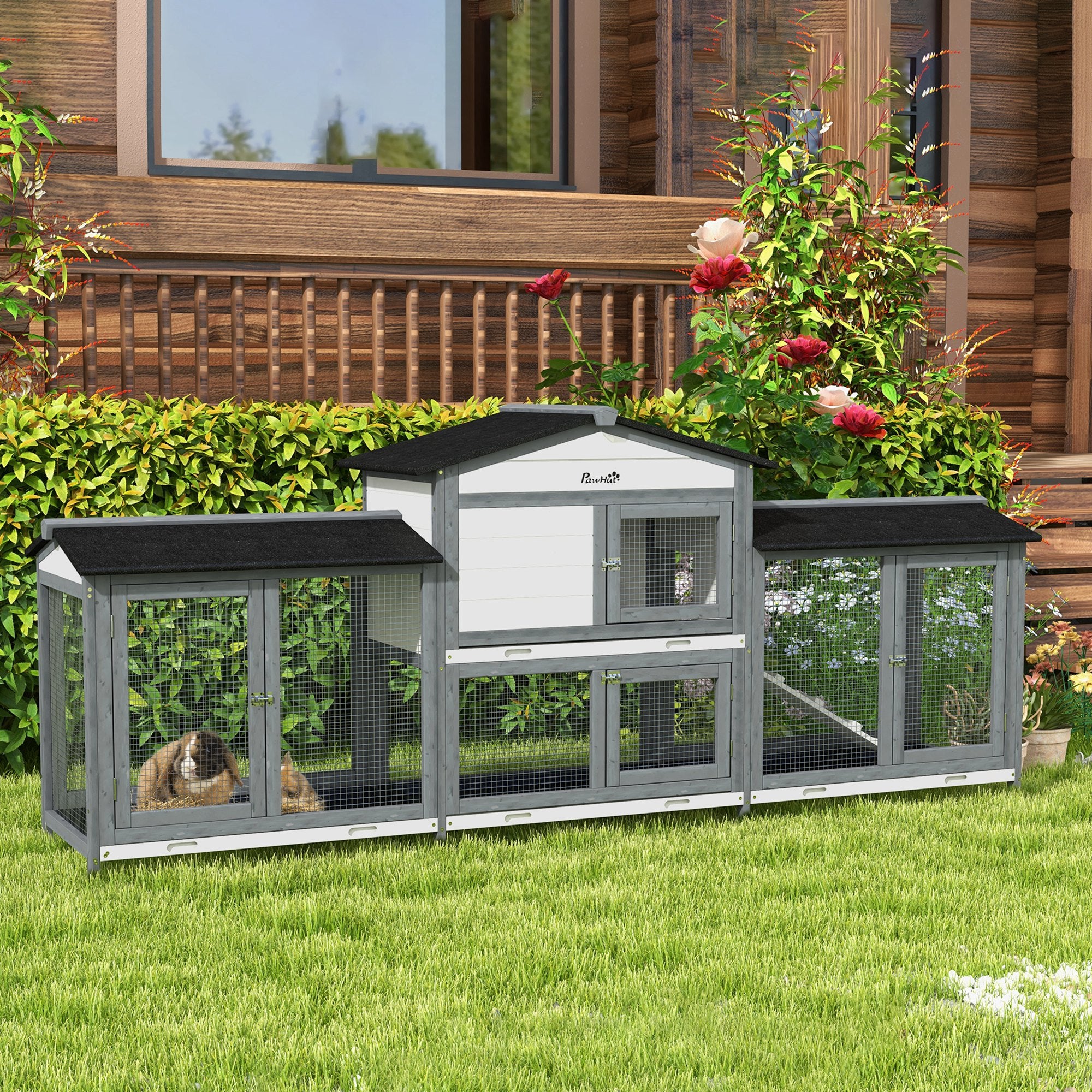 Large Rabbit Hutch Outdoor, 2-Tier Guinea Pig Hutch, Wooden Bunny Run, Small Animal House with Double Side Run Boxes, No-leak Plastic Tray, Ramp, 230 x 53 x 93.5cm, Light Grey