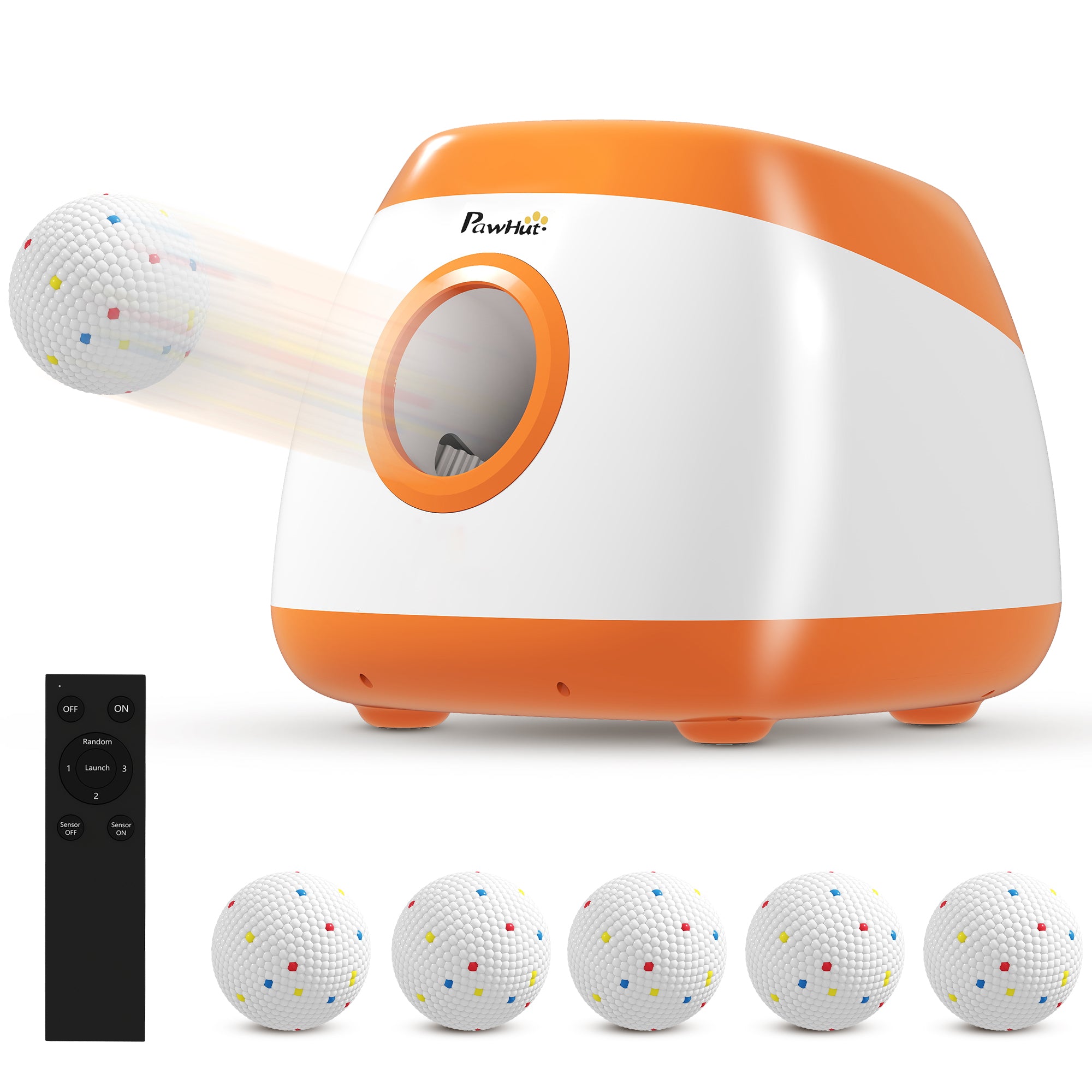 Dog Ball Launcher Automatic, 26-79 FT Adjustable Distance, Rechargeable Dog Ball Thrower with 6 ETPU Tennis Fetch Toys 2.5", Low Noise, Remote Control, for Medium to Large Breeds, Orange