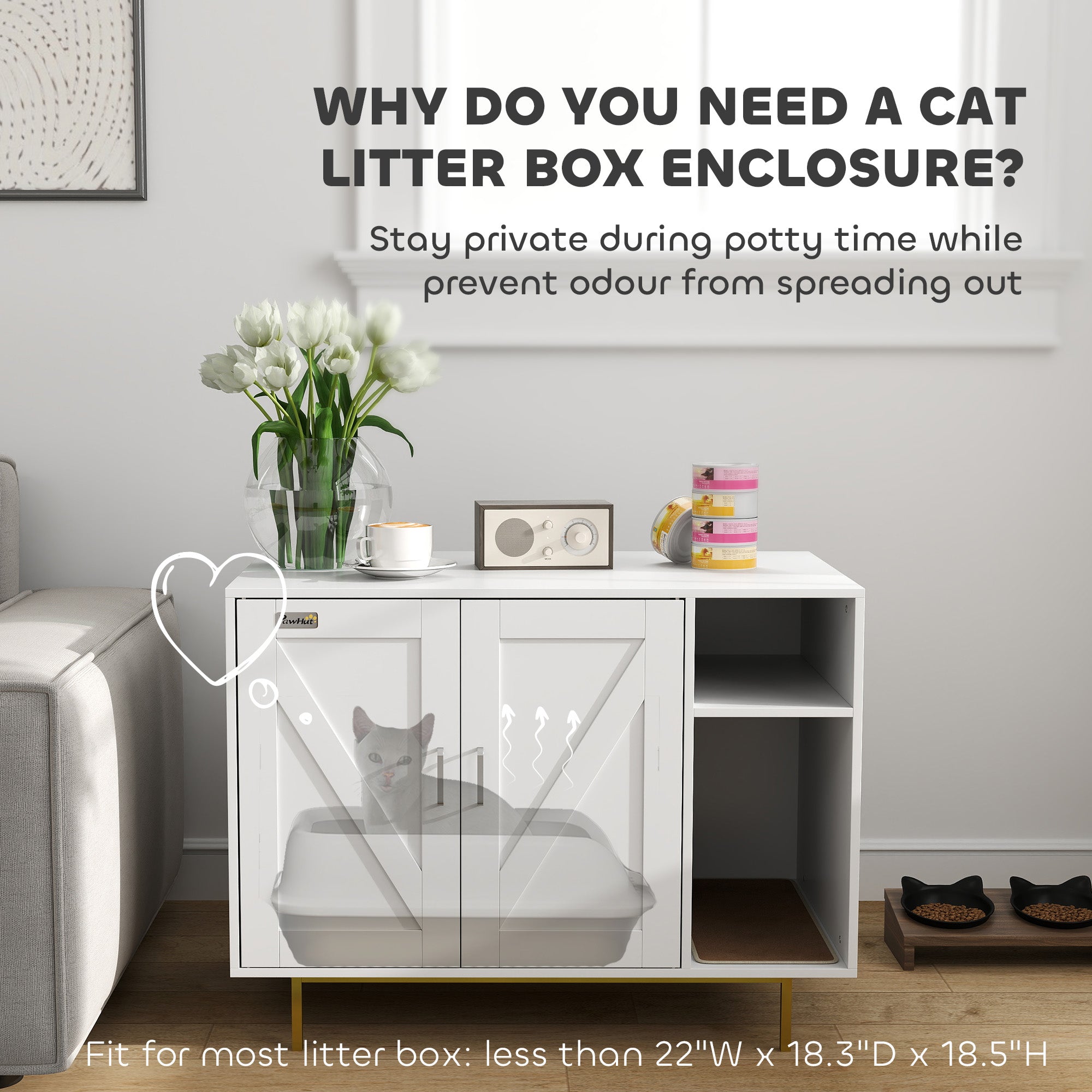 PawHut Cat Litter Box Enclosure, Kitty Litter Box Furniture with Scratching Pad, Storage, Hidden Litter Box End Side Table for Living Room, Bedroom, 31.5" x 20" x 24", White