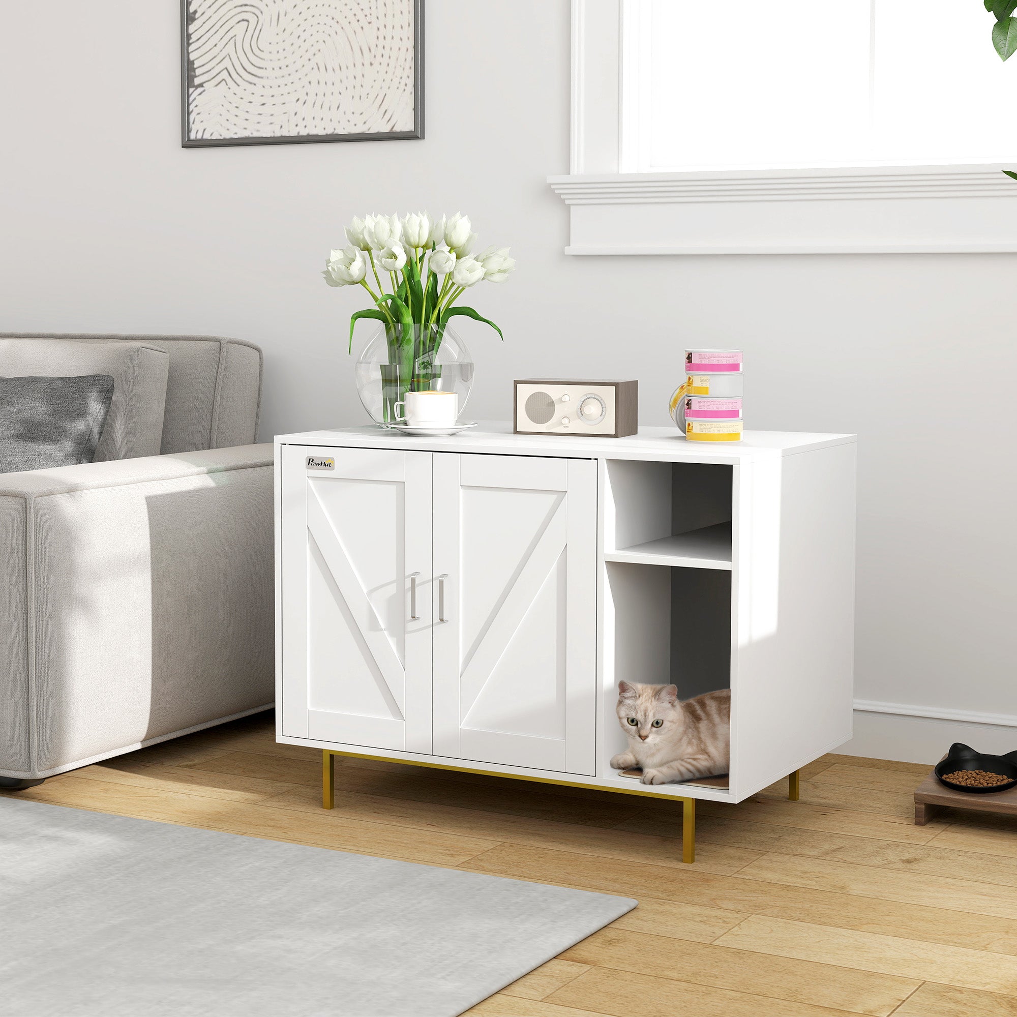 PawHut Cat Litter Box Enclosure, Kitty Litter Box Furniture with Scratching Pad, Storage, Hidden Litter Box End Side Table for Living Room, Bedroom, 31.5" x 20" x 24", White