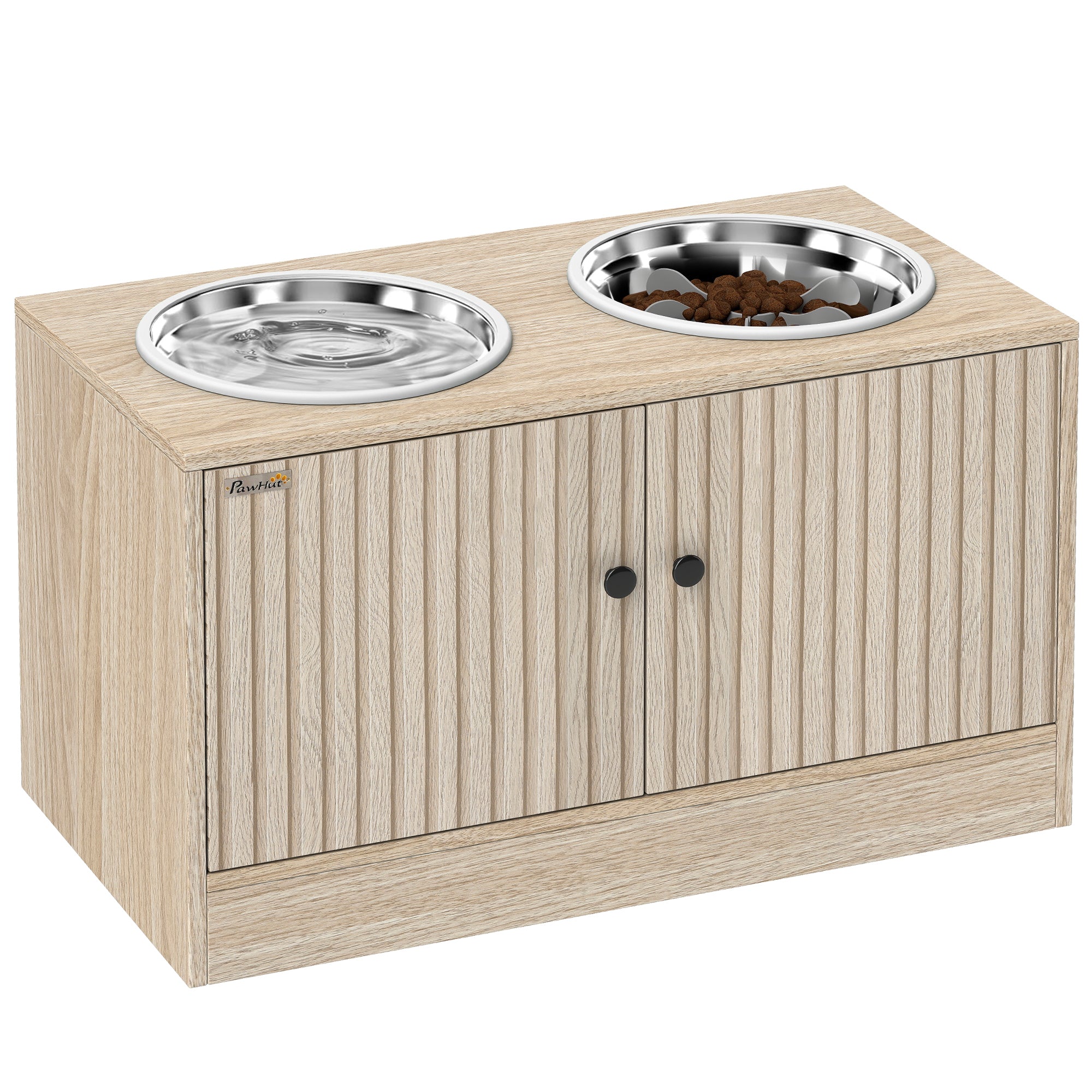 Elevated Dog Bowls with Storage Cabinet, Raised Dog Bowl Stand, Dog Feeding Station with Slow Feeder & Non-Slip, for Large Pets, Oak