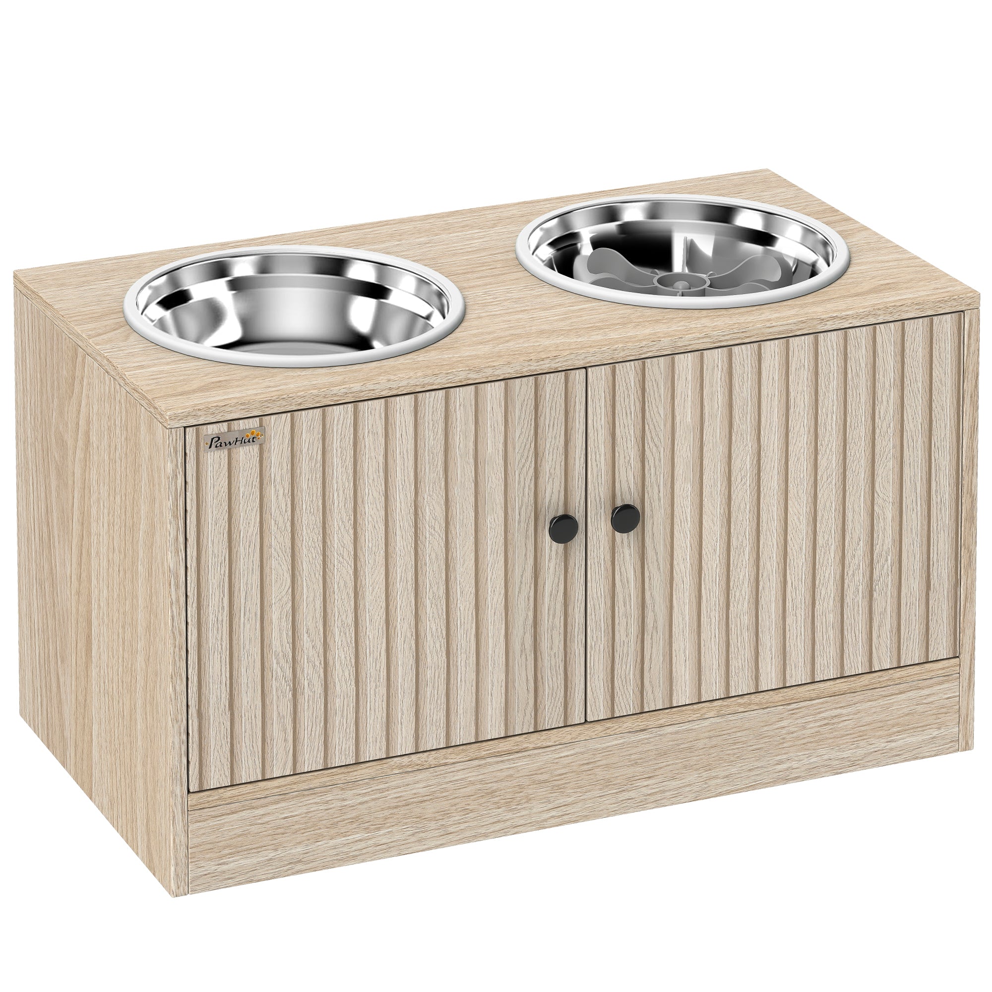 Elevated Dog Bowls with Storage Cabinet, Raised Dog Bowl Stand, Dog Feeding Station with Slow Feeder & Non-Slip, for Large Pets, Oak