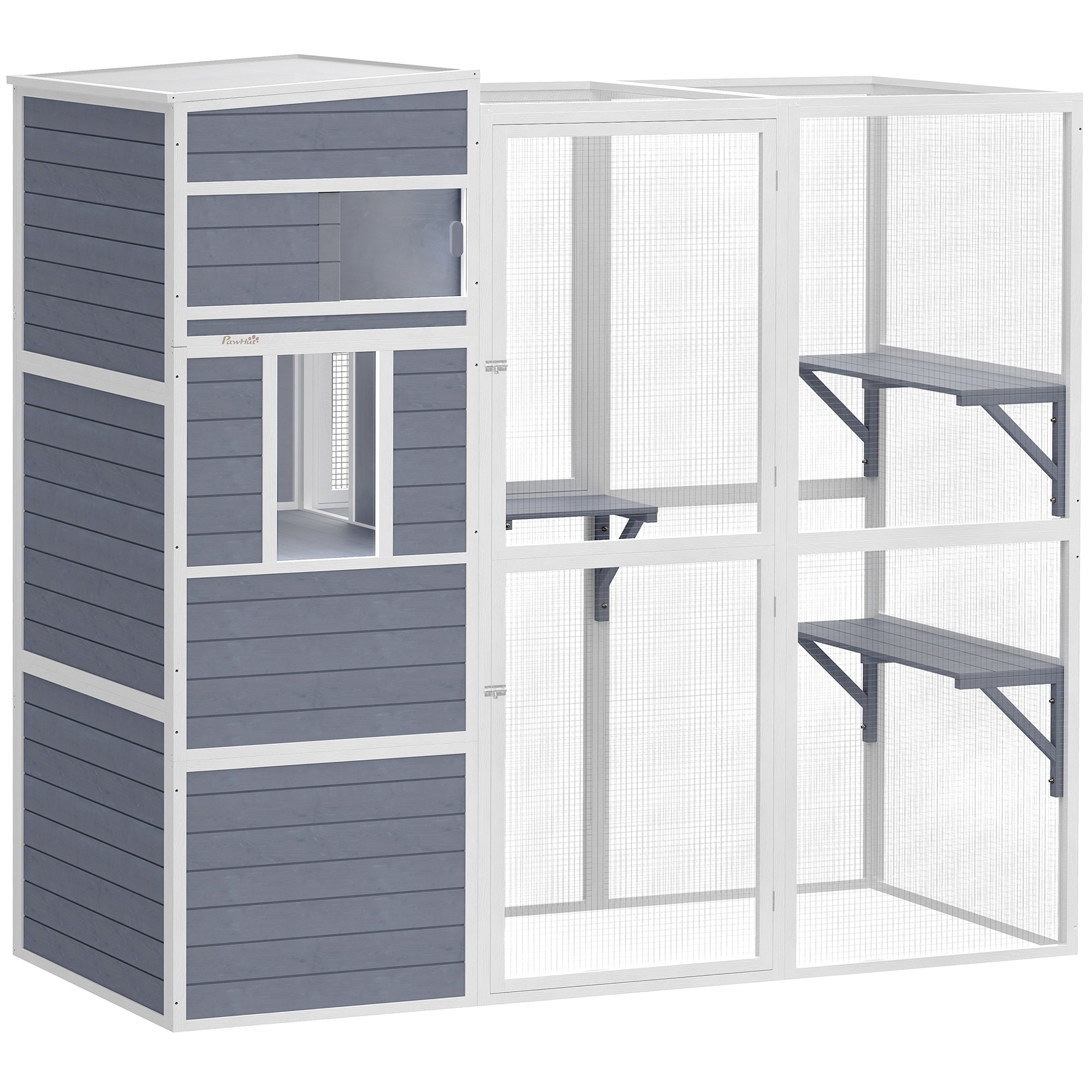 Wooden Catio, 4-Tier Catio Cat Outdoor Enclosure with All-Weather Sun Roof, Spacious Resting Rooms, 3 Platforms, Window for Multiple Cats Outdoor Indoor, Grey