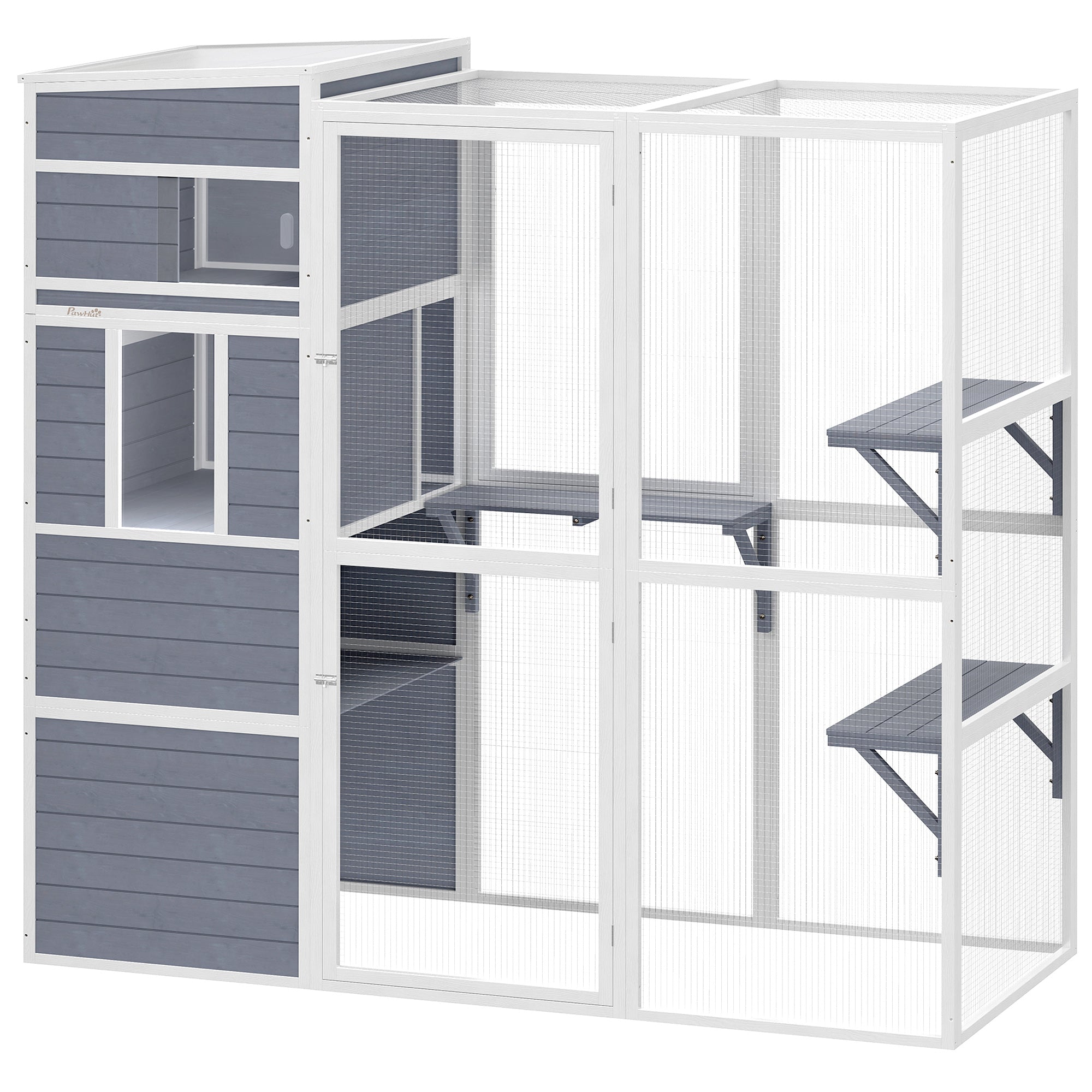 Wooden Catio, 4-Tier Catio Cat Outdoor Enclosure with All-Weather Sun Roof, Spacious Resting Rooms, 3 Platforms, Window for Multiple Cats Outdoor Indoor, Grey