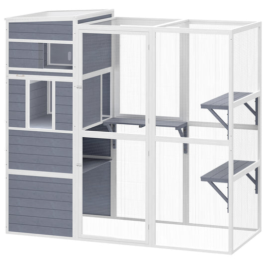 Wooden Catio, 4-Tier Catio Cat Outdoor Enclosure with All-Weather Sun Roof, Spacious Resting Rooms, 3 Platforms, Window for Multiple Cats Outdoor Indoor, Grey