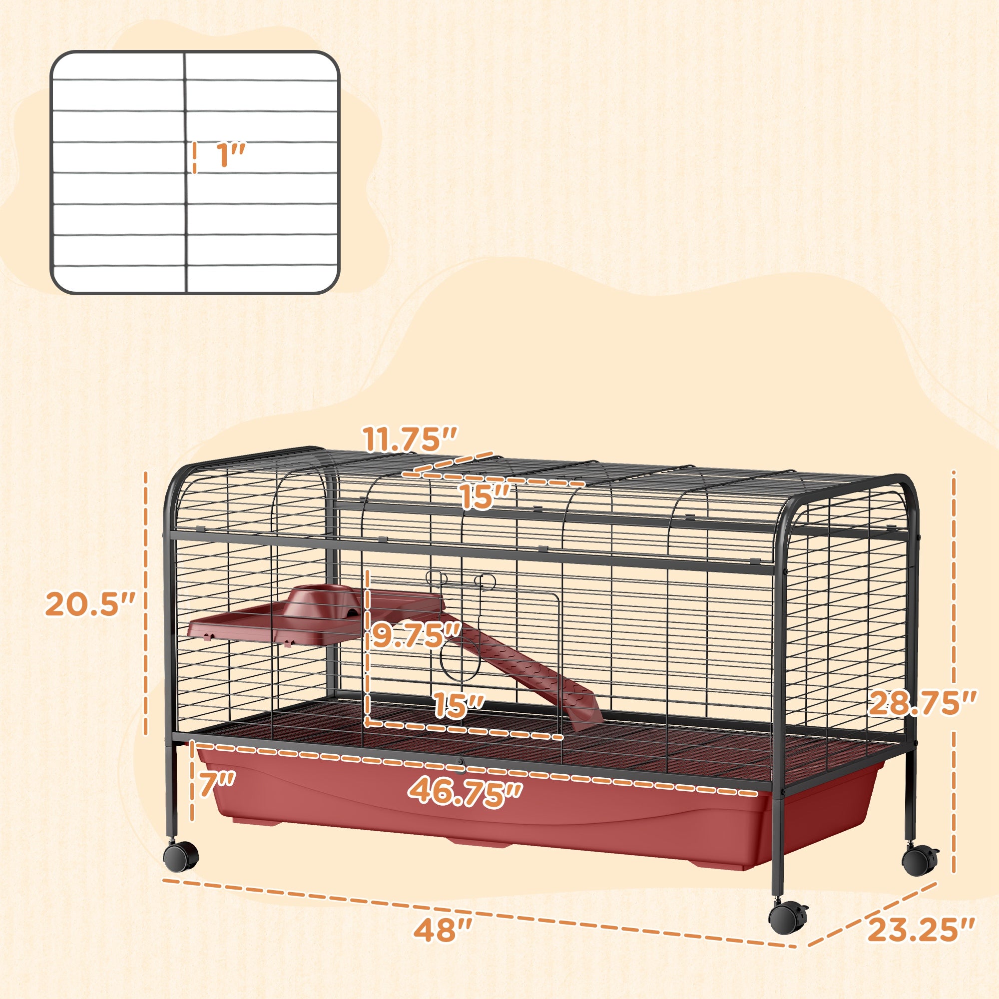 PawHut 48" L Small Animal Cage, Rabbit Hutch, or Ferret Pet Play House with Feeder, Rolling Wheels, Platform, Ramp