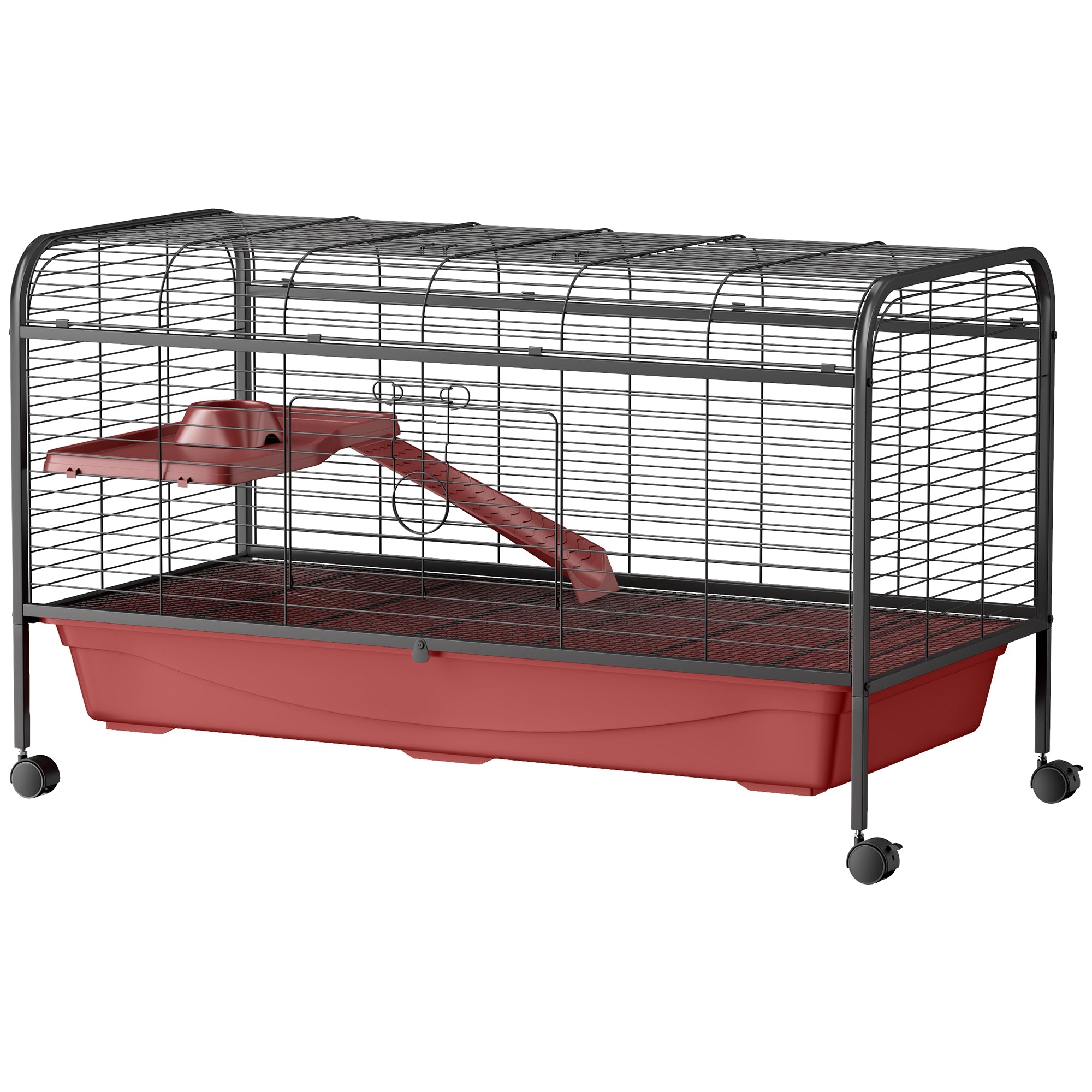 PawHut 48" L Small Animal Cage, Rabbit Hutch, or Ferret Pet Play House with Feeder, Rolling Wheels, Platform, Ramp