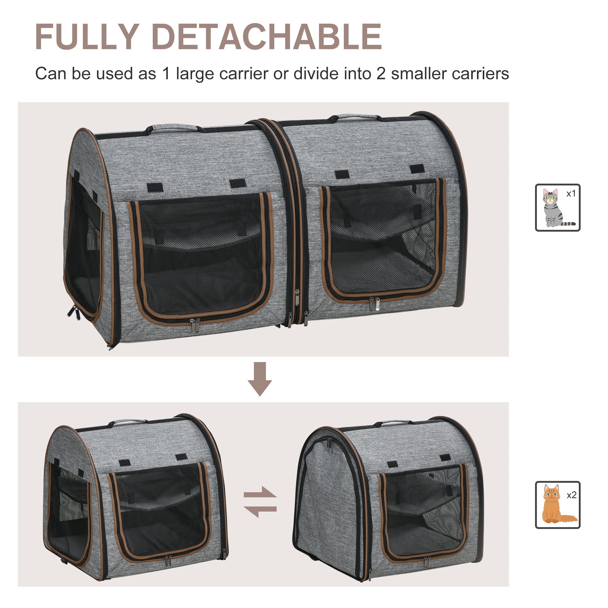 39" Travel Pet Carrier, Portable Soft-Sided Cat Carrier with Divider, Two Compartments, Soft Cushions & Storage Bag, Grey