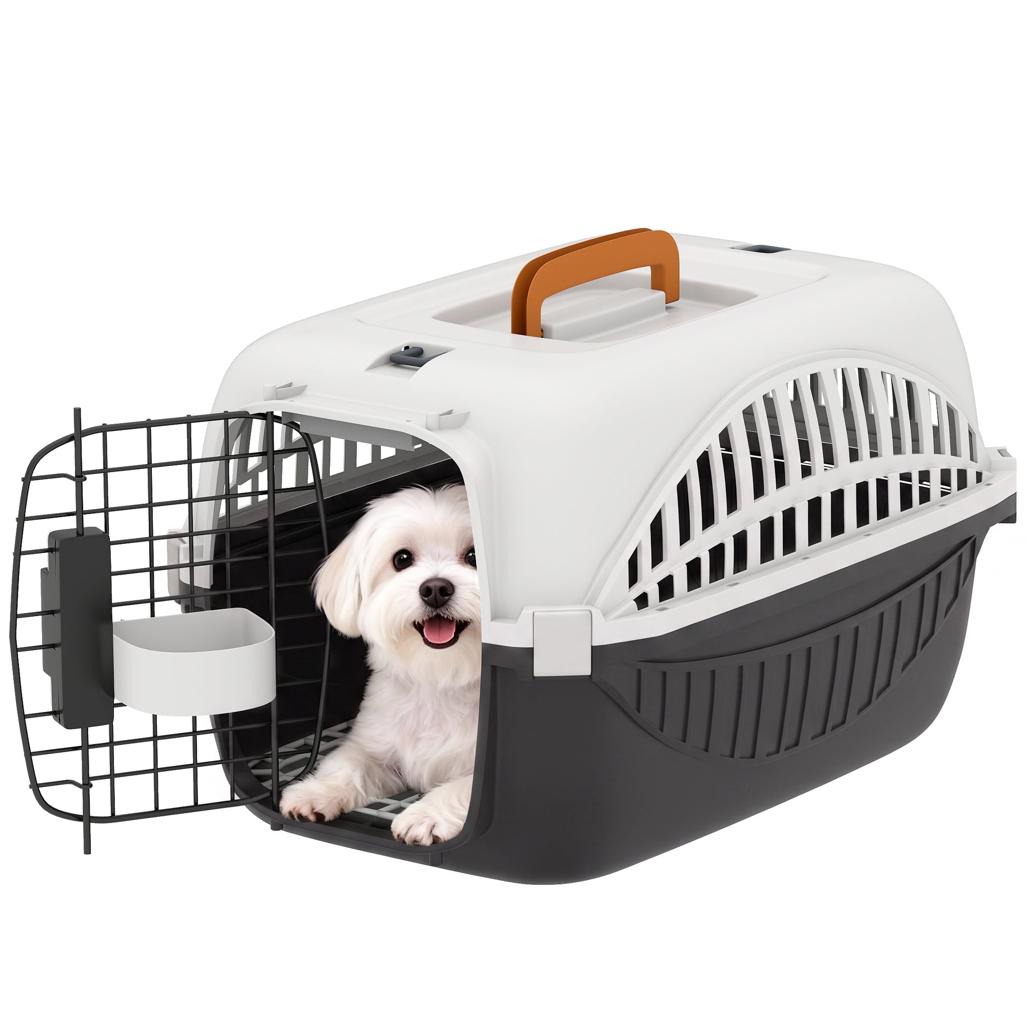 Plastic Dog and Cat Kennel Hard Sided, Airline Approved Pet Carrier for Mini Dogs and Cats, Portable Crate w/ Steel Wire Door, Water Bowl, for Car, Airplane, Outdoor, Black