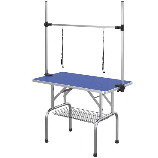 42" Foldable Dog Grooming Table Adjustable Pet Cat Drying Beauty Table Rubber Top with 2 Loops Storage Basket Metal Blue