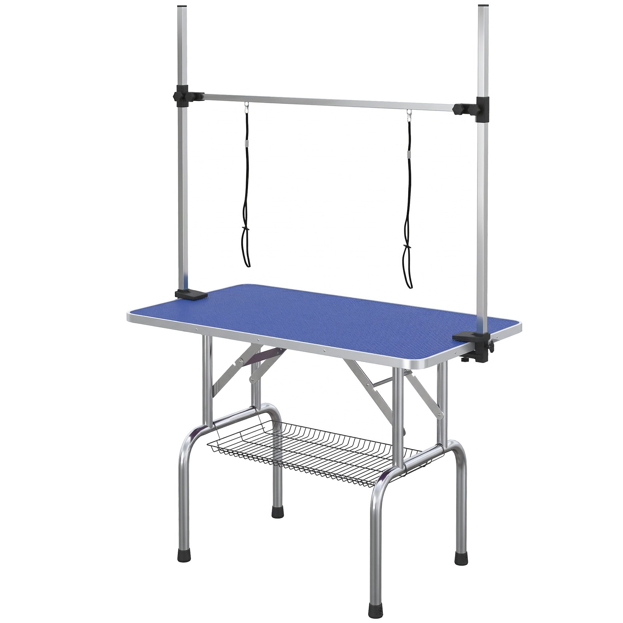 43"L Dog Grooming Table, Pet Foldable Grooming Table with 8"- 32" Adjustable Arm, Two Nooses, Mesh Tray and Rubber Top for Large Medium Small Pets, Blue