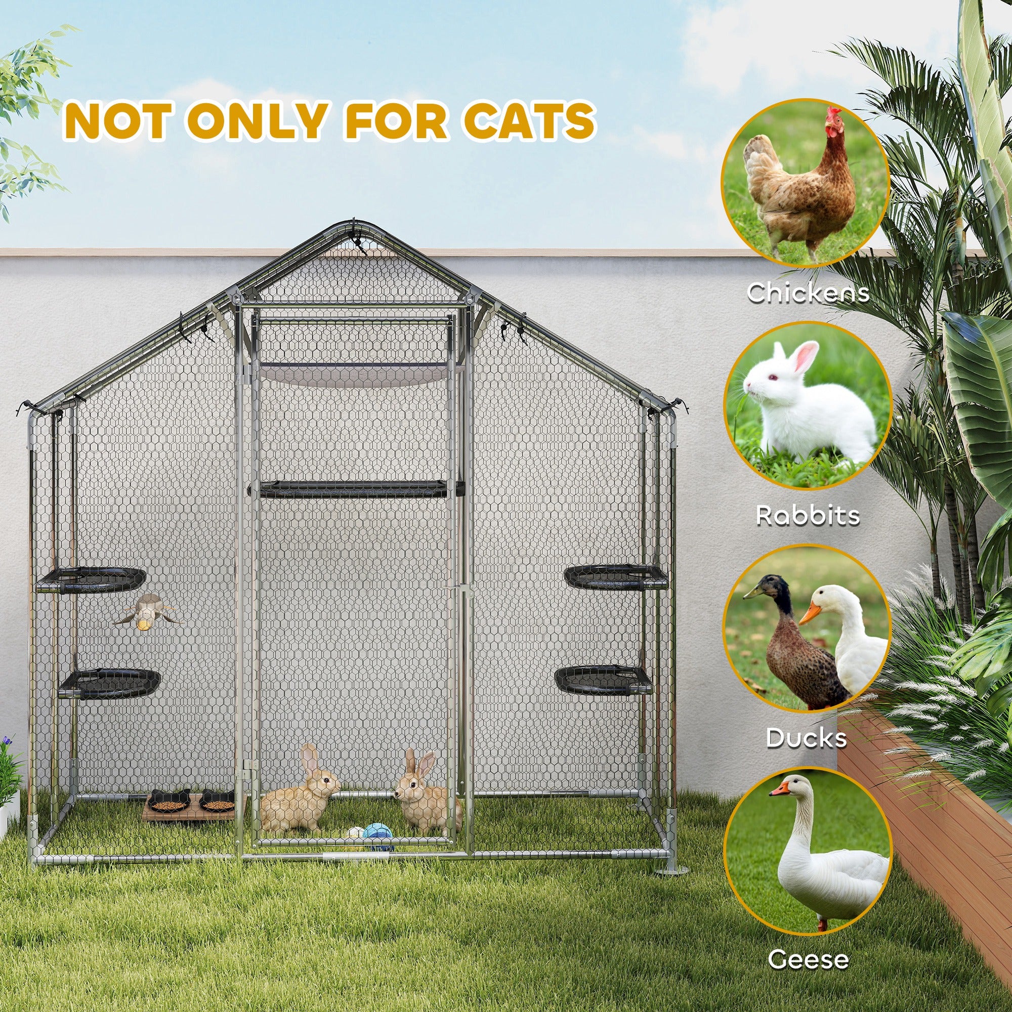 Large Catio Outdoor Cat Enclosure, Galvanized Steel Walk-in Cat Patio for Multiple Kittens, Outdoor Kitty Cage with Waterproof Cover, 5 Adjustable Platforms, Hammock, Metal Chicken Coop Run