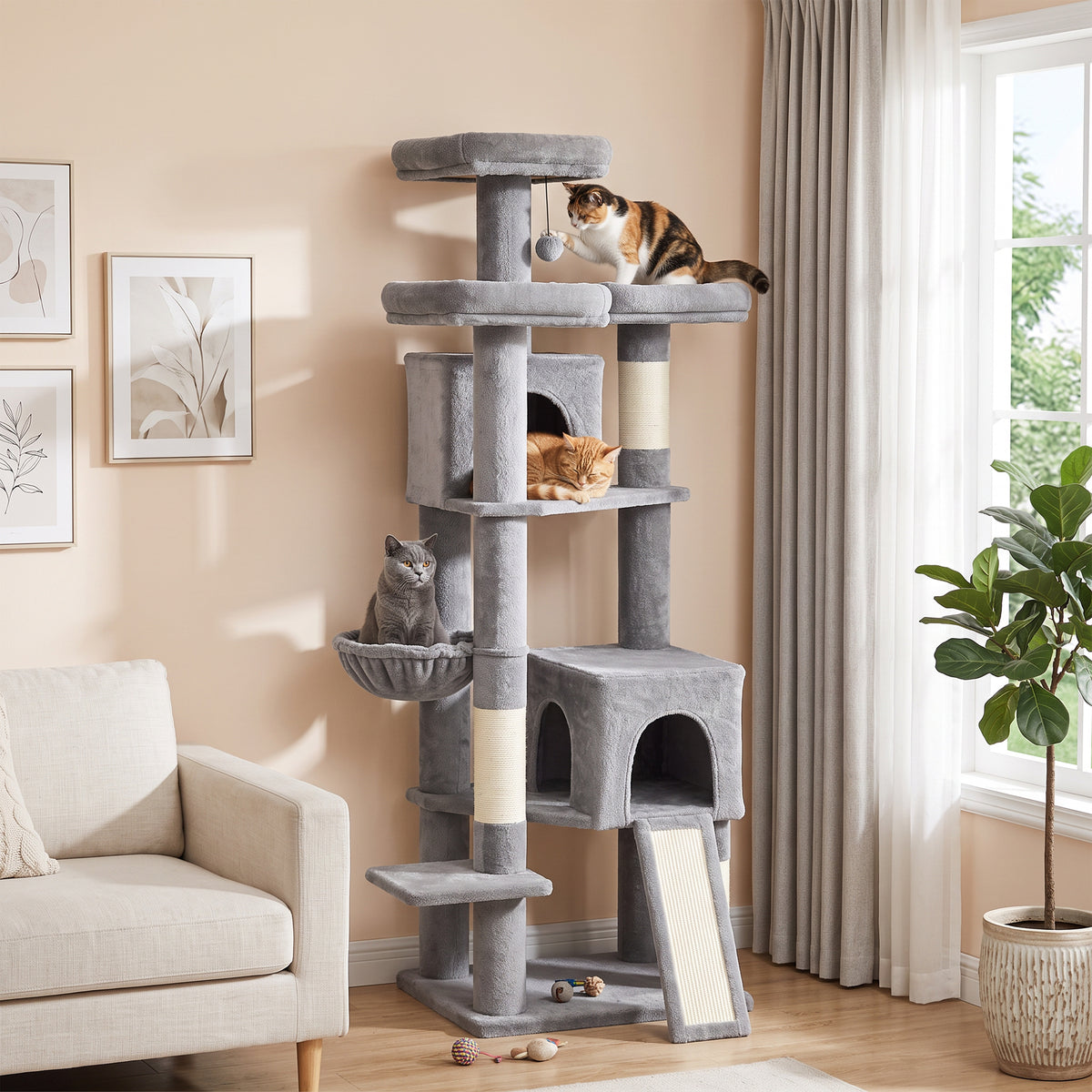 184cm Large Cat Tree for Indoor Cats, Multi-Level Tall Kitty Tower with 3 Scratching Posts, 2 Condos, 3 Padded Beds, Hammock, Ladder, for Small to Large Kittens, Dark Grey