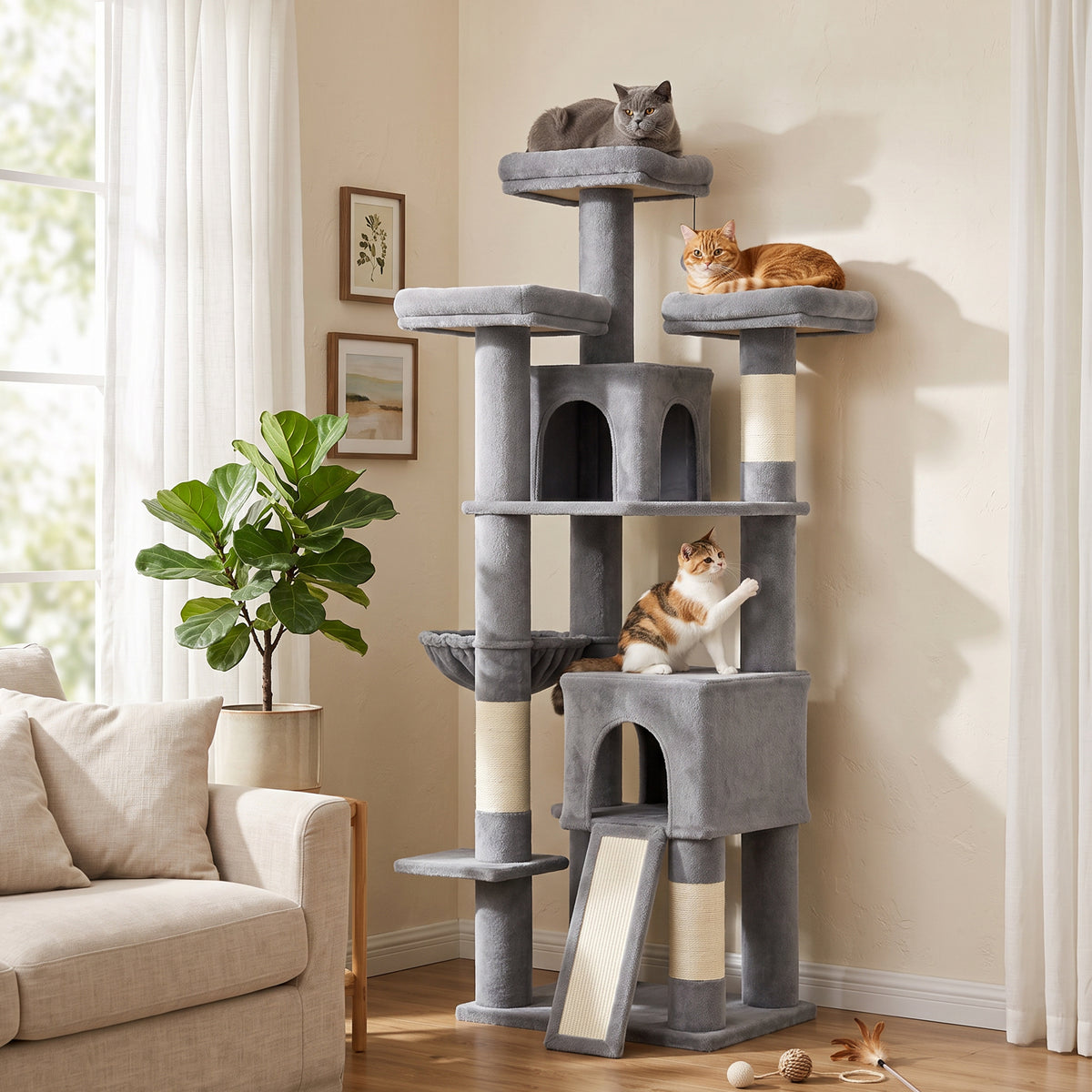 184cm Large Cat Tree for Indoor Cats, Multi-Level Tall Kitty Tower with 3 Scratching Posts, 2 Condos, 3 Padded Beds, Hammock, Ladder, for Small to Large Kittens, Dark Grey