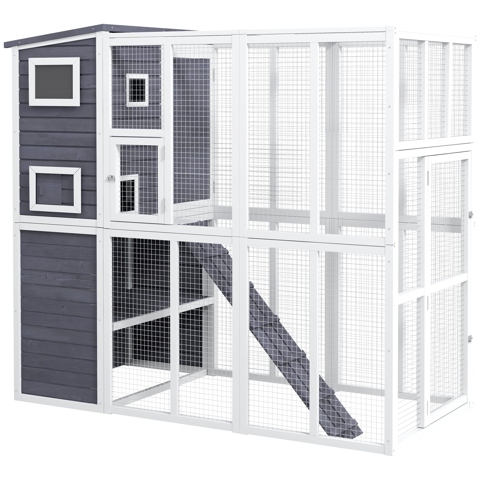 PawHut Catio Outdoor Cat Enclosure, Wooden Cat Patio Cat Window Box with Platforms, Waterproof Asphalt Roof, Ramps, 77" L, Light Gray
