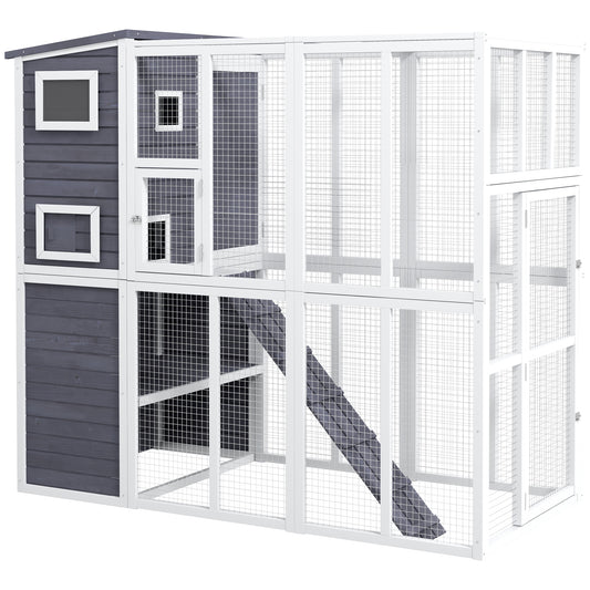 PawHut Catio Outdoor Cat Enclosure, Wooden Cat Patio Cat Window Box with Platforms, Waterproof Asphalt Roof, Ramps, 77" L, Light Gray