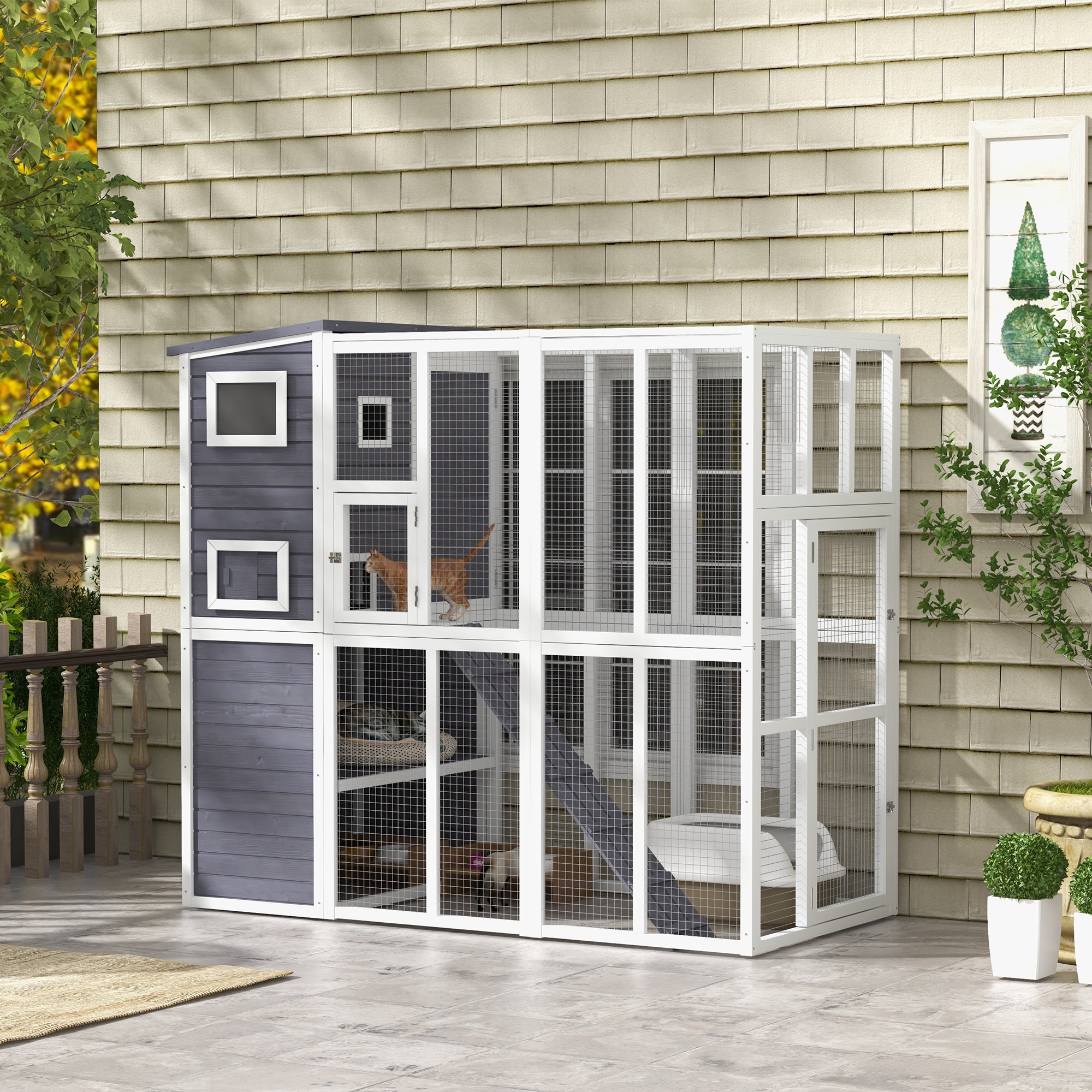 PawHut Catio Outdoor Cat Enclosure, Wooden Cat Patio Cat Window Box with Platforms, Waterproof Asphalt Roof, Ramps, 77" L, Light Gray