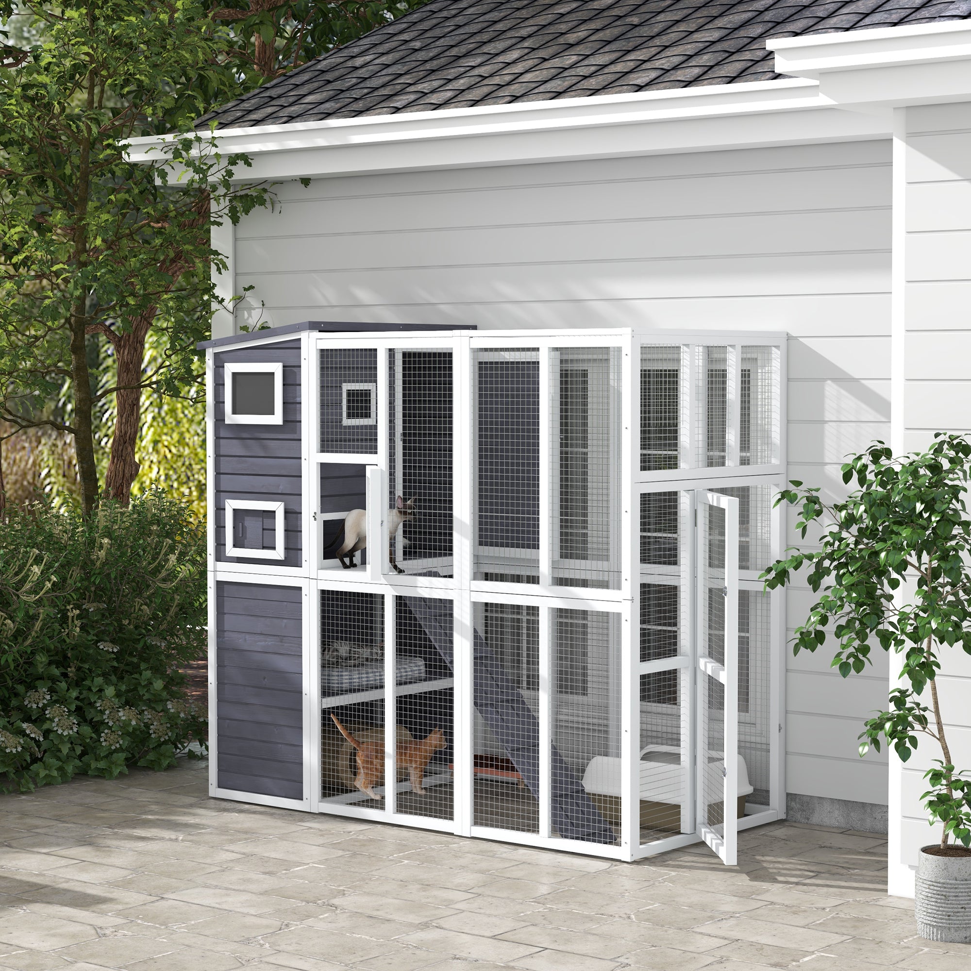 PawHut Catio Outdoor Cat Enclosure, Wooden Cat Patio Cat Window Box with Platforms, Waterproof Asphalt Roof, Ramps, 77" L, Light Gray