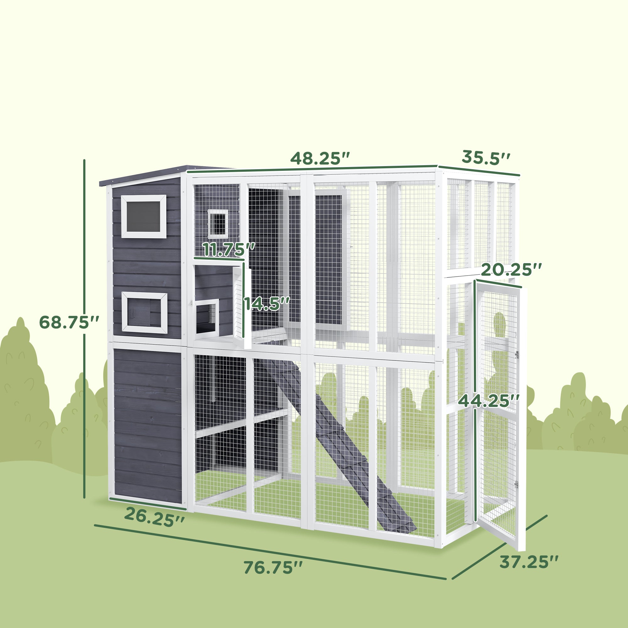 PawHut Catio Outdoor Cat Enclosure, Wooden Cat Patio Cat Window Box with Platforms, Waterproof Asphalt Roof, Ramps, 77" L, Light Gray