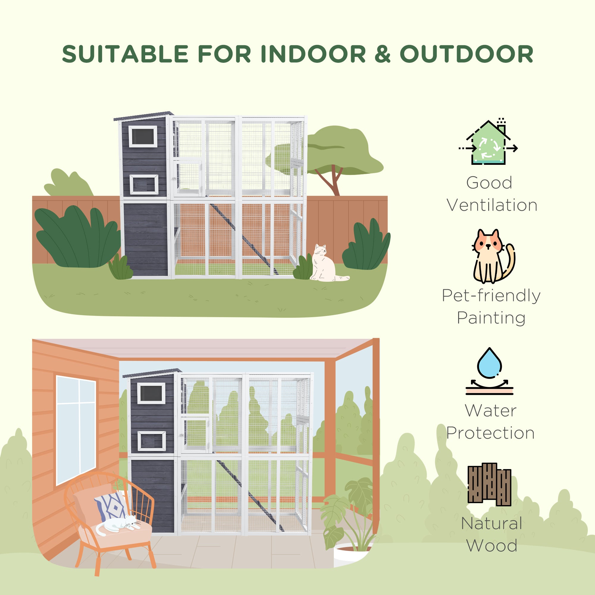 PawHut Catio Outdoor Cat Enclosure, Wooden Cat Patio Cat Window Box with Platforms, Waterproof Asphalt Roof, Ramps, 77" L, Light Gray