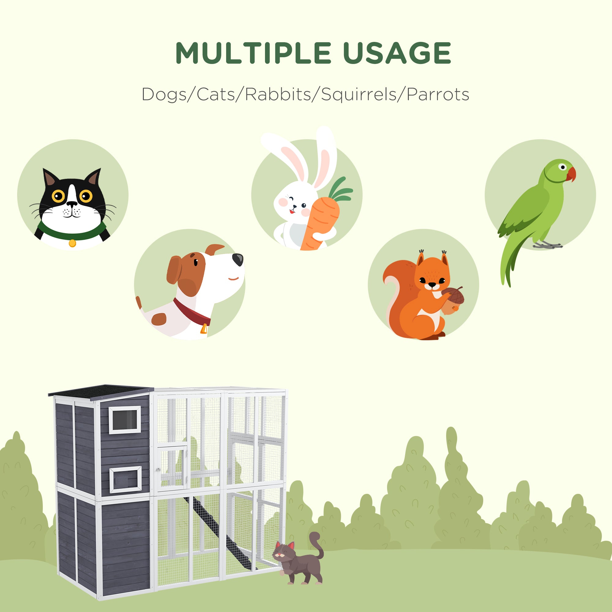 PawHut Catio Outdoor Cat Enclosure, Wooden Cat Patio Cat Window Box with Platforms, Waterproof Asphalt Roof, Ramps, 77" L, Light Gray