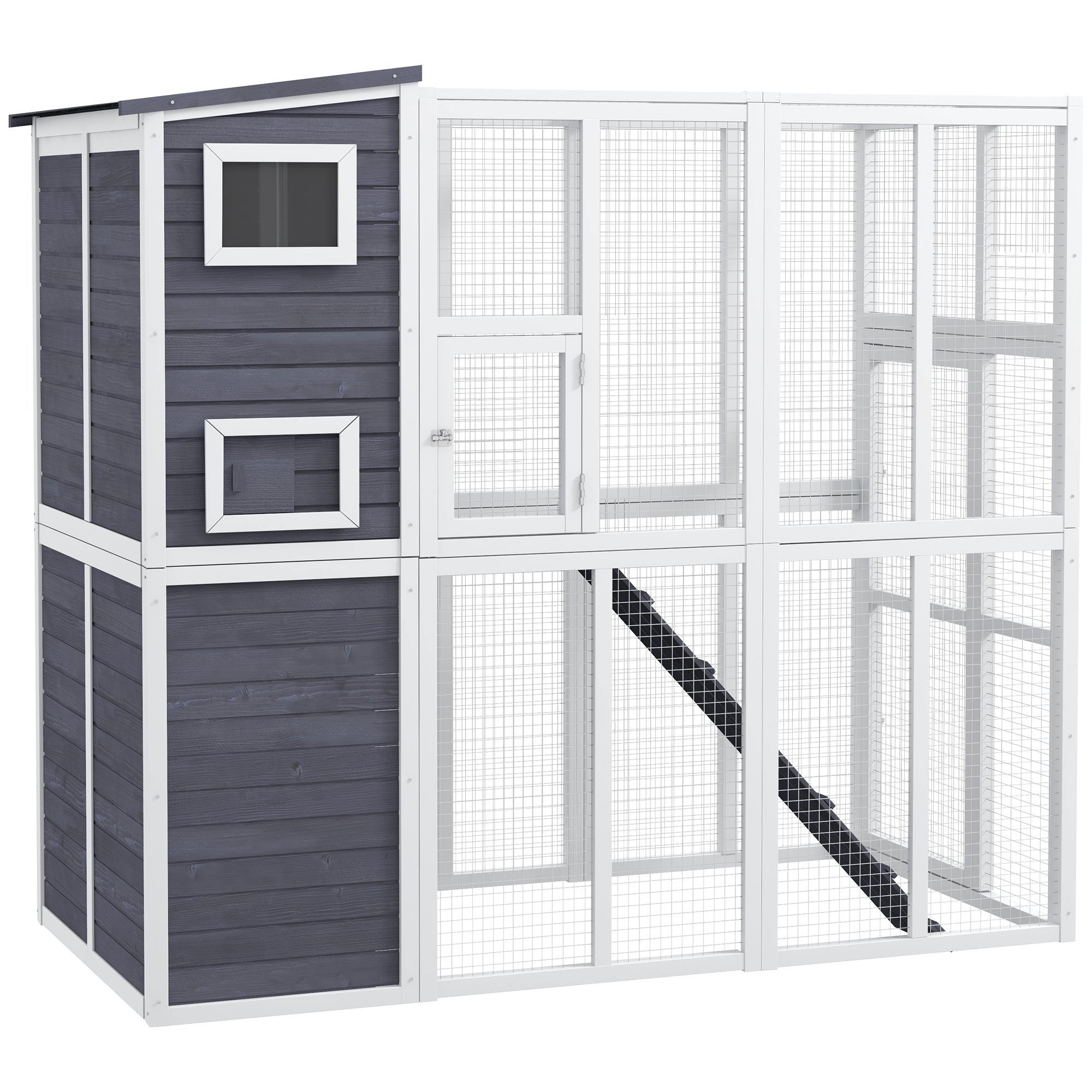 PawHut Catio Outdoor Cat Enclosure, Wooden Cat Patio Cat Window Box with Platforms, Waterproof Asphalt Roof, Ramps, 77" L, Light Gray
