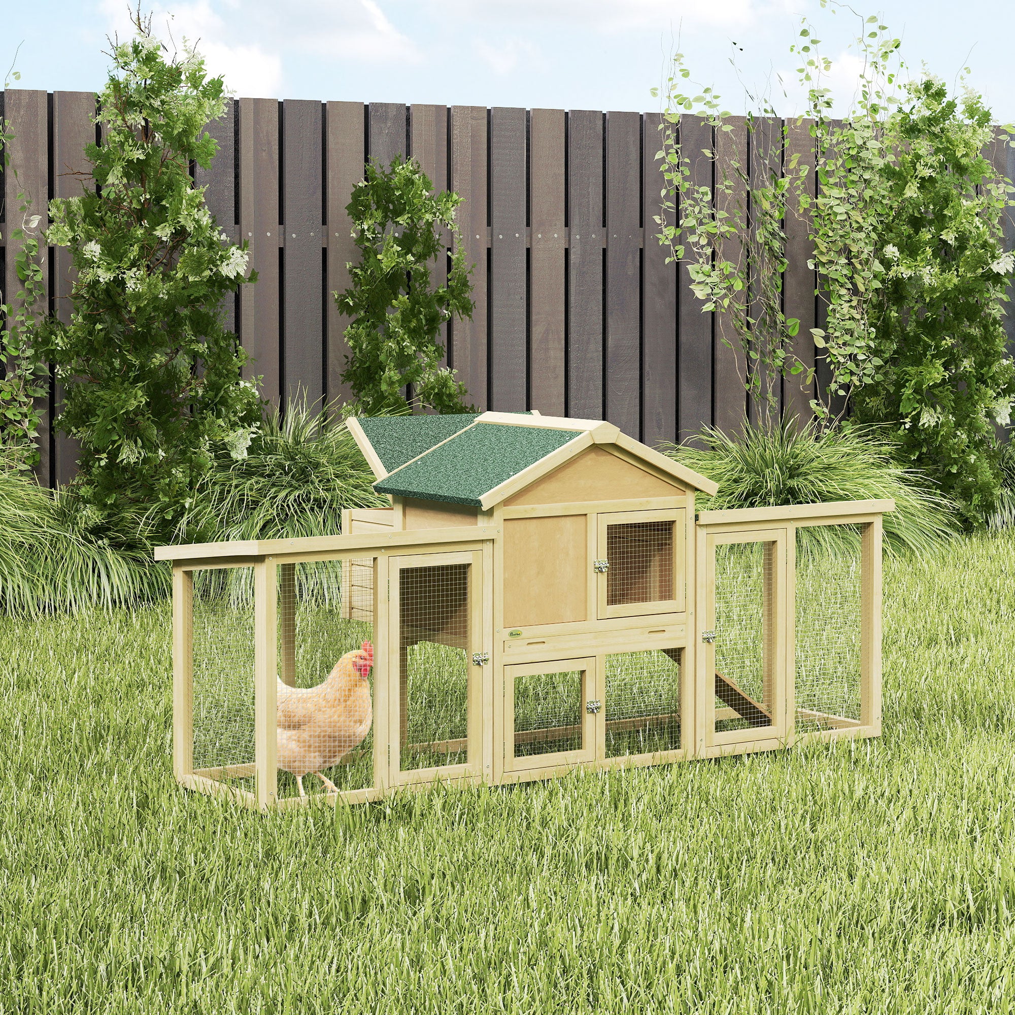 80" Chicken Coop, Wooden Outdoor Chicken Cage Hen House with Nesting Box, Double Runs, Removable Tray, Ramp, for Backyard