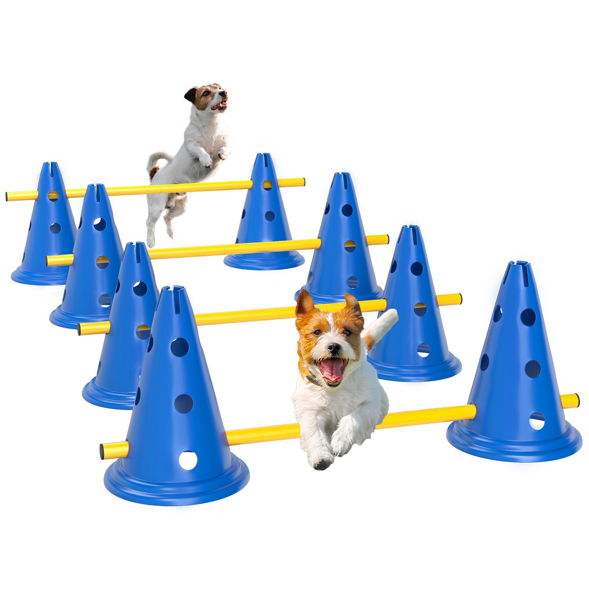 Dog Agility Equipment Set, Portable Pet Jump Training Kit for Eight Cones, Eight Poles with Carry Bag, Four-Piece Adjustable Height Jumping Obstacles, Blue