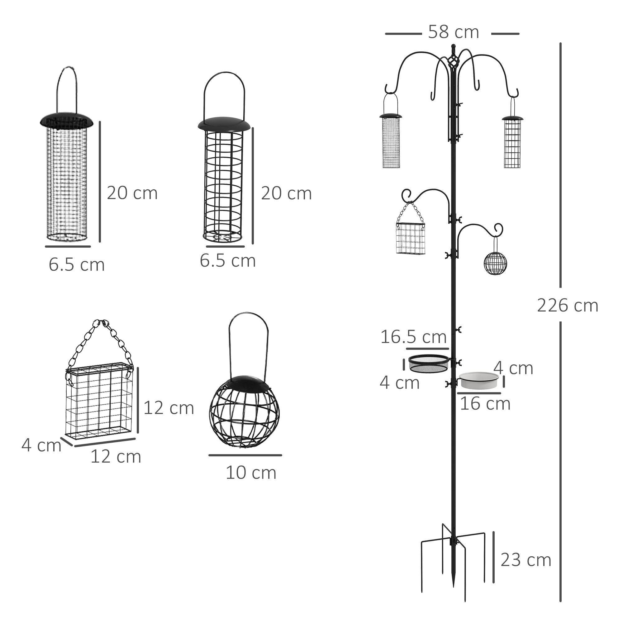 Bird Feeding Station Kit, Wild Bird Feeder Pole with 6 Hooks, 4 Hanging Feeders for Peanuts, Seed, Fat Balls, for Garden, Outdoor, Black