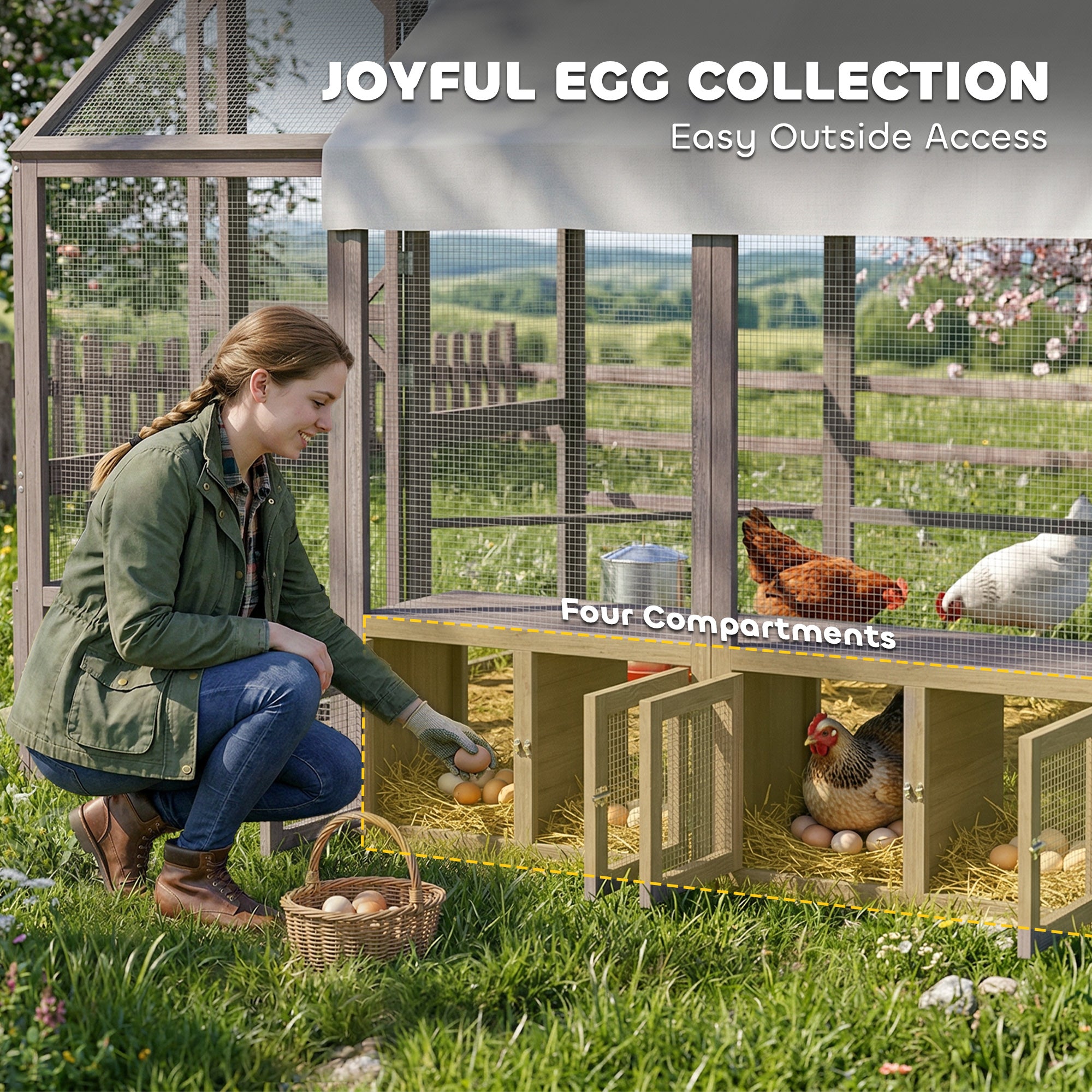 Large Wooden Chicken Coop for 8-10 Hens, Walk-in Chicken Run with Waterproof Cover, Nesting Boxes and Perches, Outdoor Poultry Cage Rabbit Hutch for Backyard, 83" x 73" x 73", Light Brown