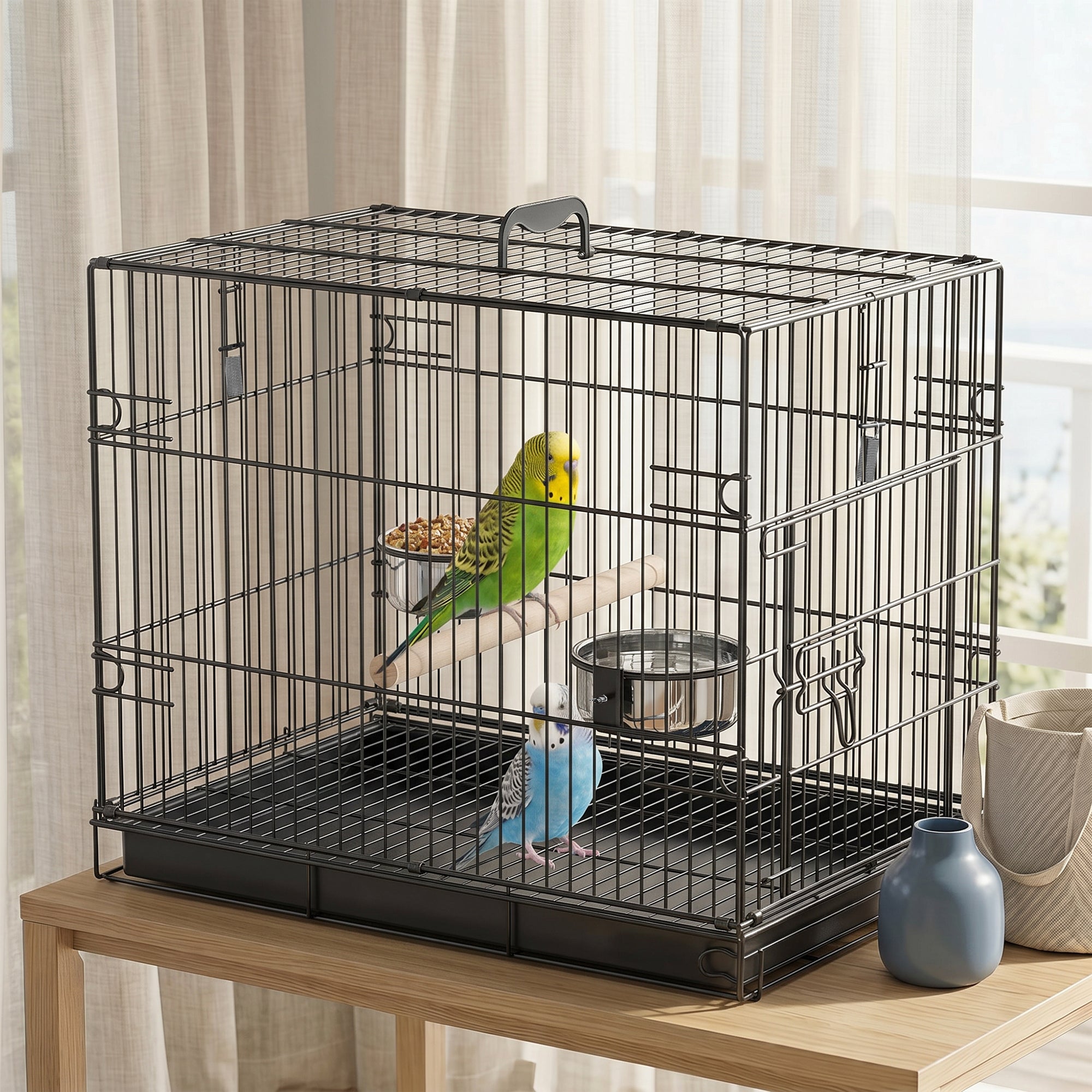Foldable Bird Cage, Metal Bird Travel Carrier Cage with Wood Perch, Food Bowls, Slide-Out Tray and Handle for Canaries, Finches, Lovebirds, Parakeets, Black