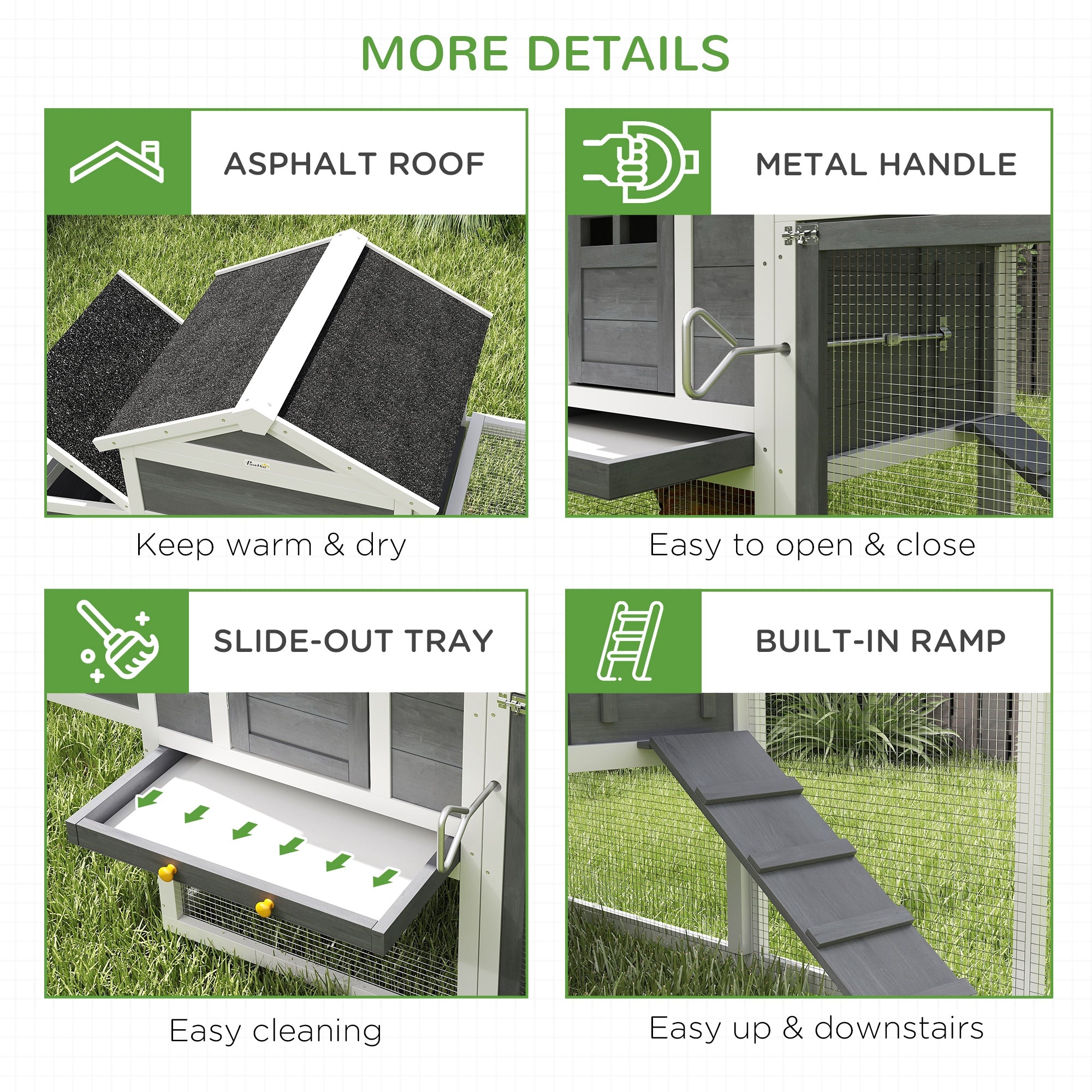 117" Chicken Coop, Wooden Rabbit Hutch with Chicken Run, Slide-out Tray, Asphalt Roof, Nesting Box - Grey and White