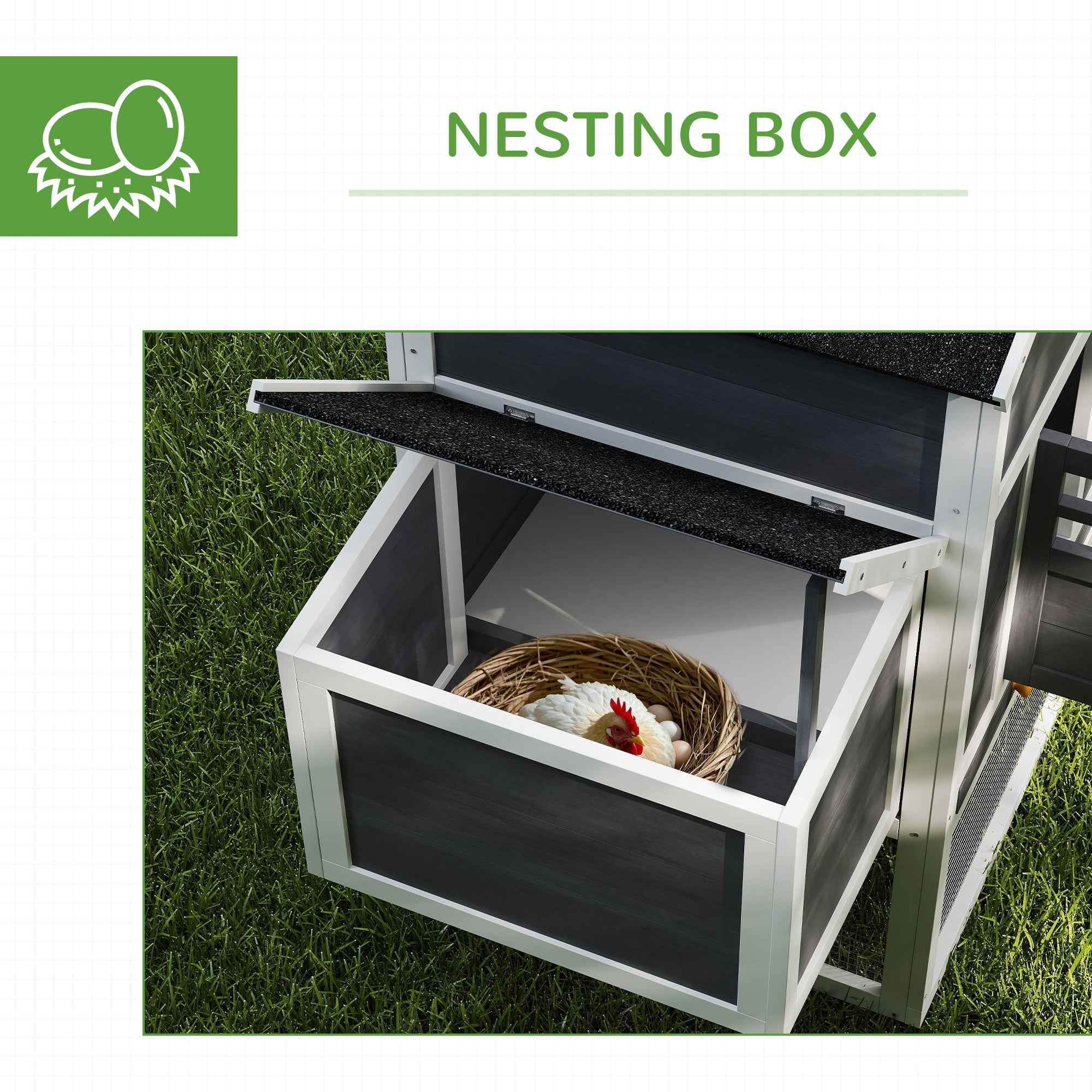 117" Chicken Coop, Wooden Rabbit Hutch with Chicken Run, Slide-out Tray, Asphalt Roof, Nesting Box - Grey and White