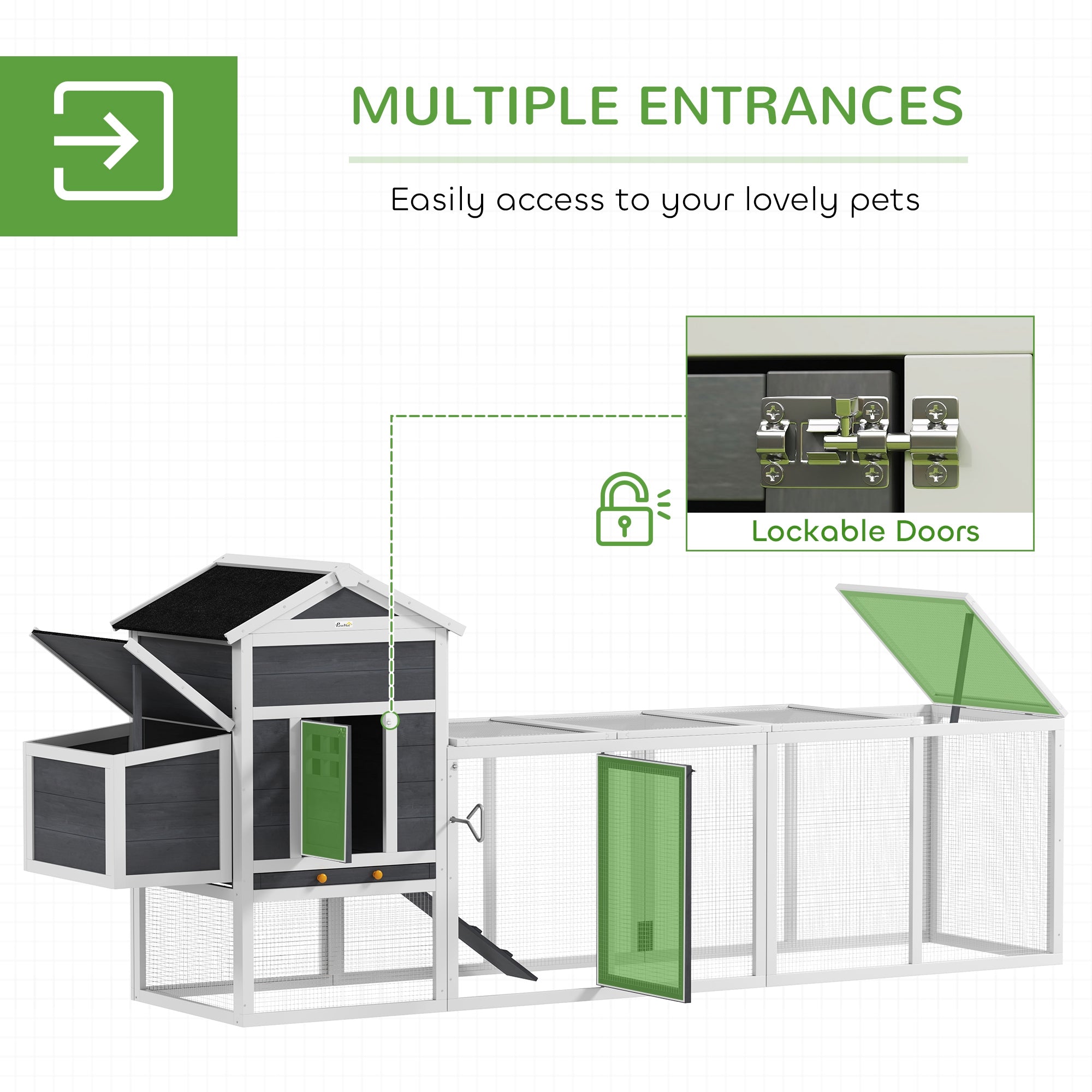 117" Chicken Coop, Wooden Rabbit Hutch with Chicken Run, Slide-out Tray, Asphalt Roof, Nesting Box - Grey and White