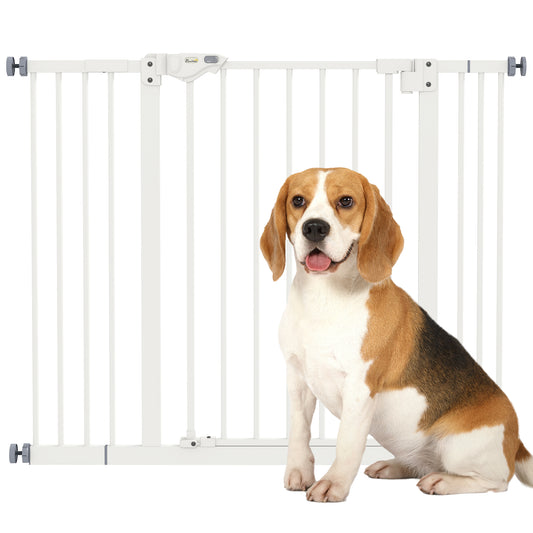 29"-39" Wide Pet Gate with Door Dog Gate and Barrier Indoor for Stairs, 30 Inch Tall Pressure-Mounted Safety Gate, White