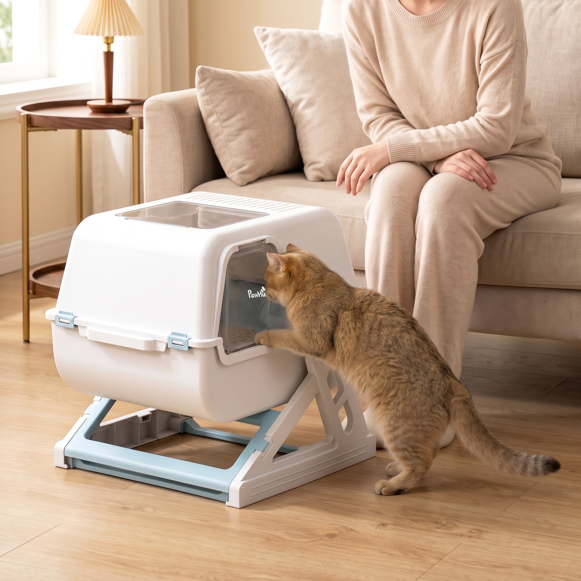Cat Litter Box with Lid, Enclosed Cat Litter Box with Deodorization Bag & Drawer Pan, High Sides & Flip-to-Clean, Multi-Entry Design, Odor Control, Light Blue