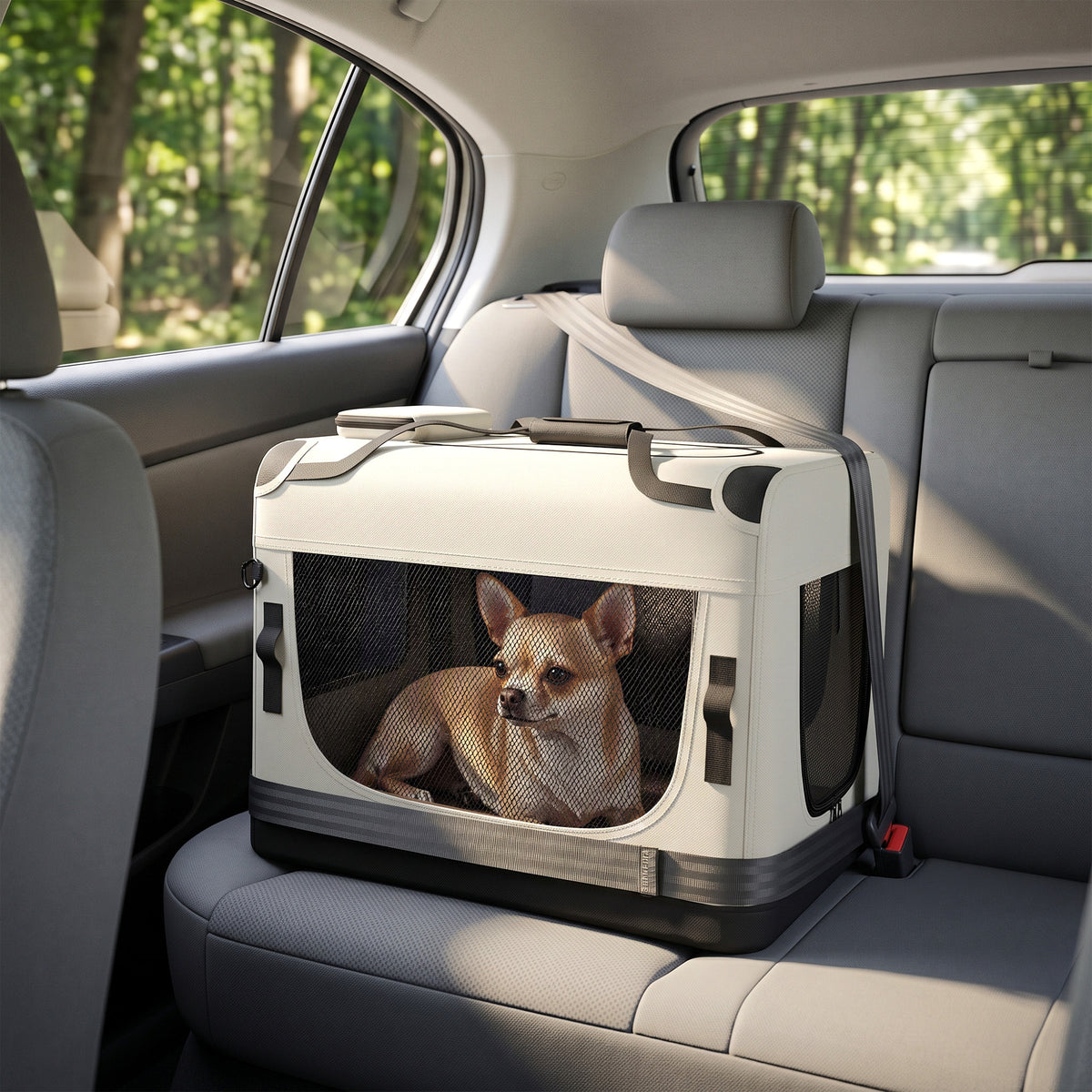 Pet Carrier Bag, Soft-Sided Dog Carrier for Small Dogs, Portable Pet Travel Bag with Security Buckle Strap, Mesh Windows, Washable Cushion and Bowl, Light Grey