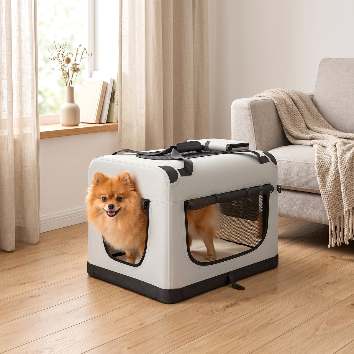 Pet Carrier Bag, Soft-Sided Dog Carrier for Small Dogs, Portable Pet Travel Bag with Security Buckle Strap, Mesh Windows, Washable Cushion and Bowl, Light Grey