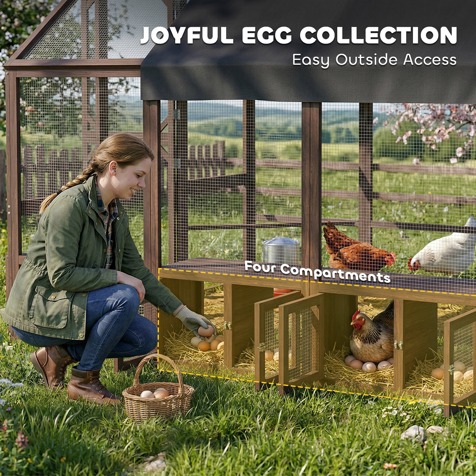 Large Wooden Chicken Coop for 8-10 Hens, Walk-in Chicken Run with Waterproof Cover, Nesting Boxes and Perches, Outdoor Poultry Cage Rabbit Hutch for Backyard, 83" x 73" x 73", Dark Brown