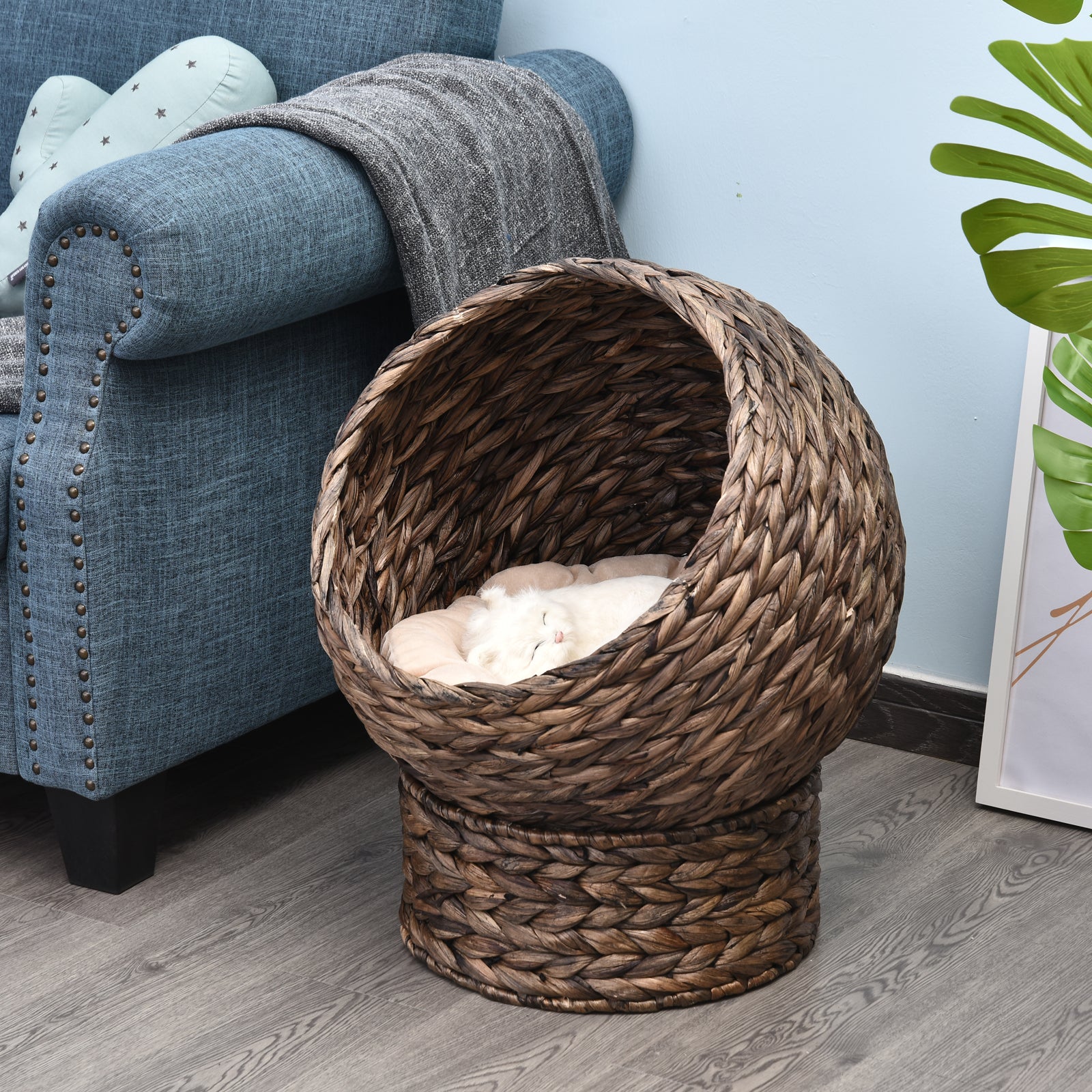 PawHut Handwoven Elevated Cat Bed with Soft Cushion & Cat Egg Chair Shape, Cat Basket Bed Kitty House with Stand, Raised Wicker Cat Bed for Indoor Cats, 23.5" H, Gray