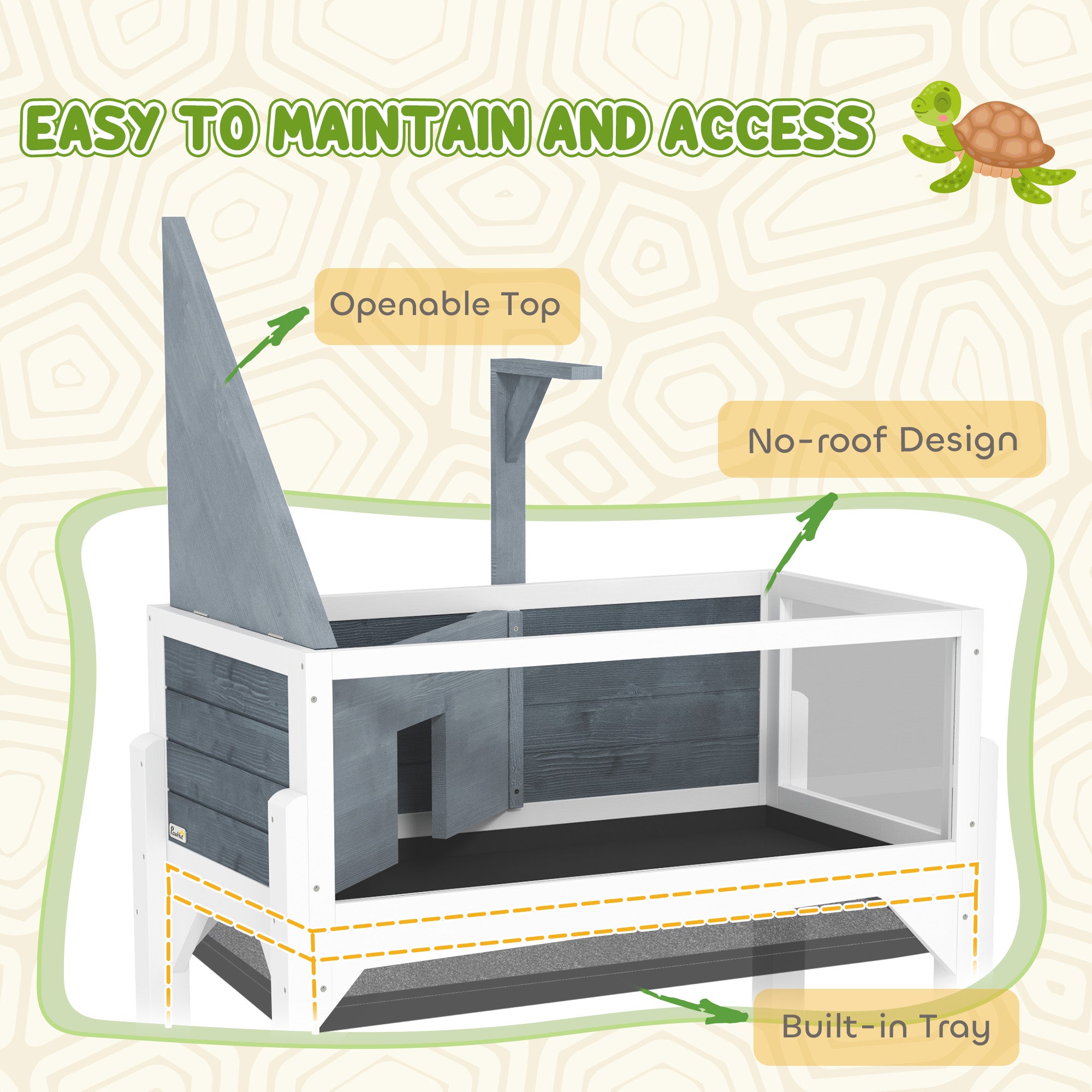 Tortoise Habitat with Storage Shelf, Wooden Tortoise Enclosure with Clear Windows, Lamp Holder, Openable Top, Built-in Tray, Reptile Cage for Indoor Outdoor Use, Gray